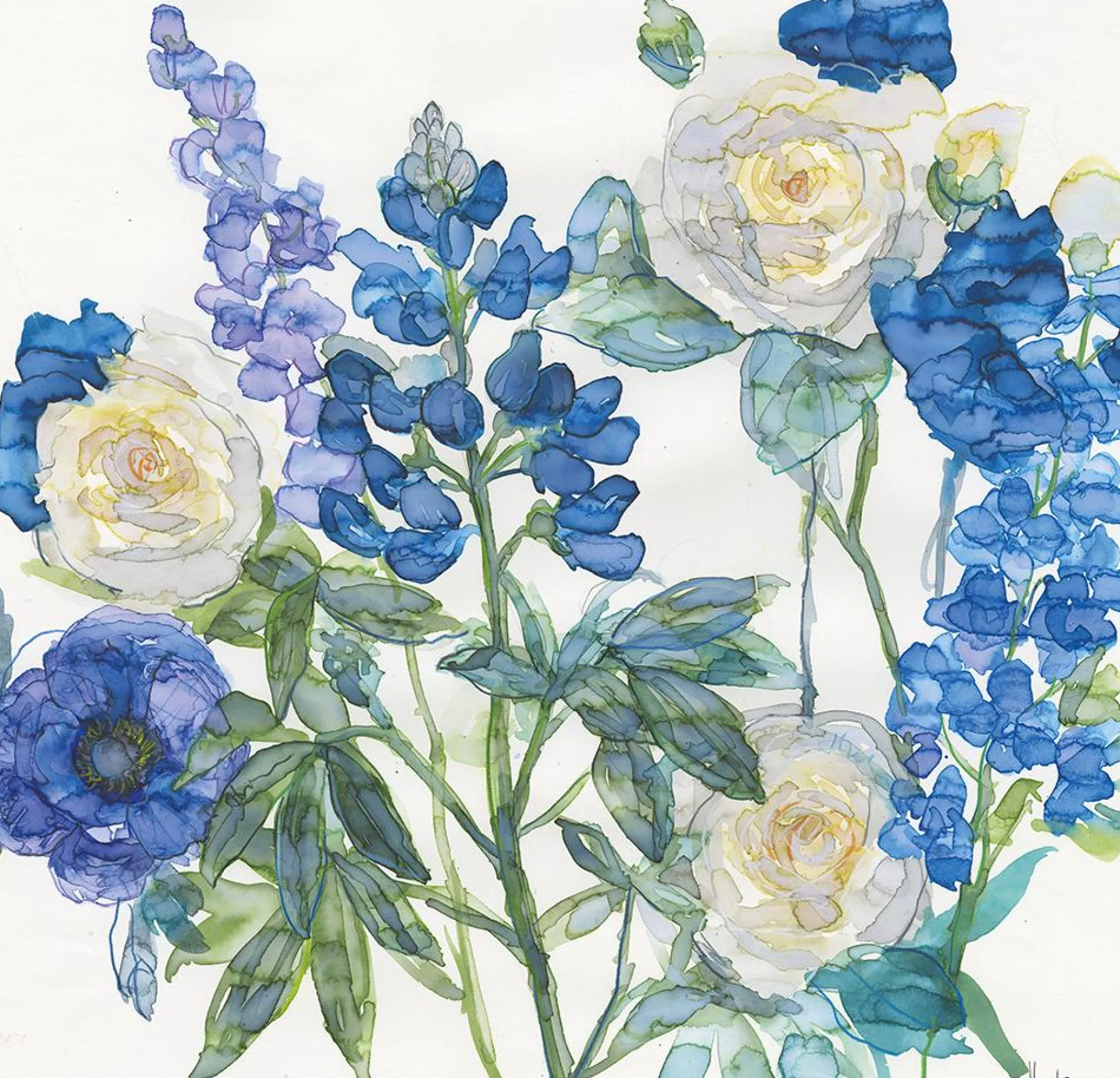 Unframed Prints*Whistlefish Blue Lupin And Roses Art Print