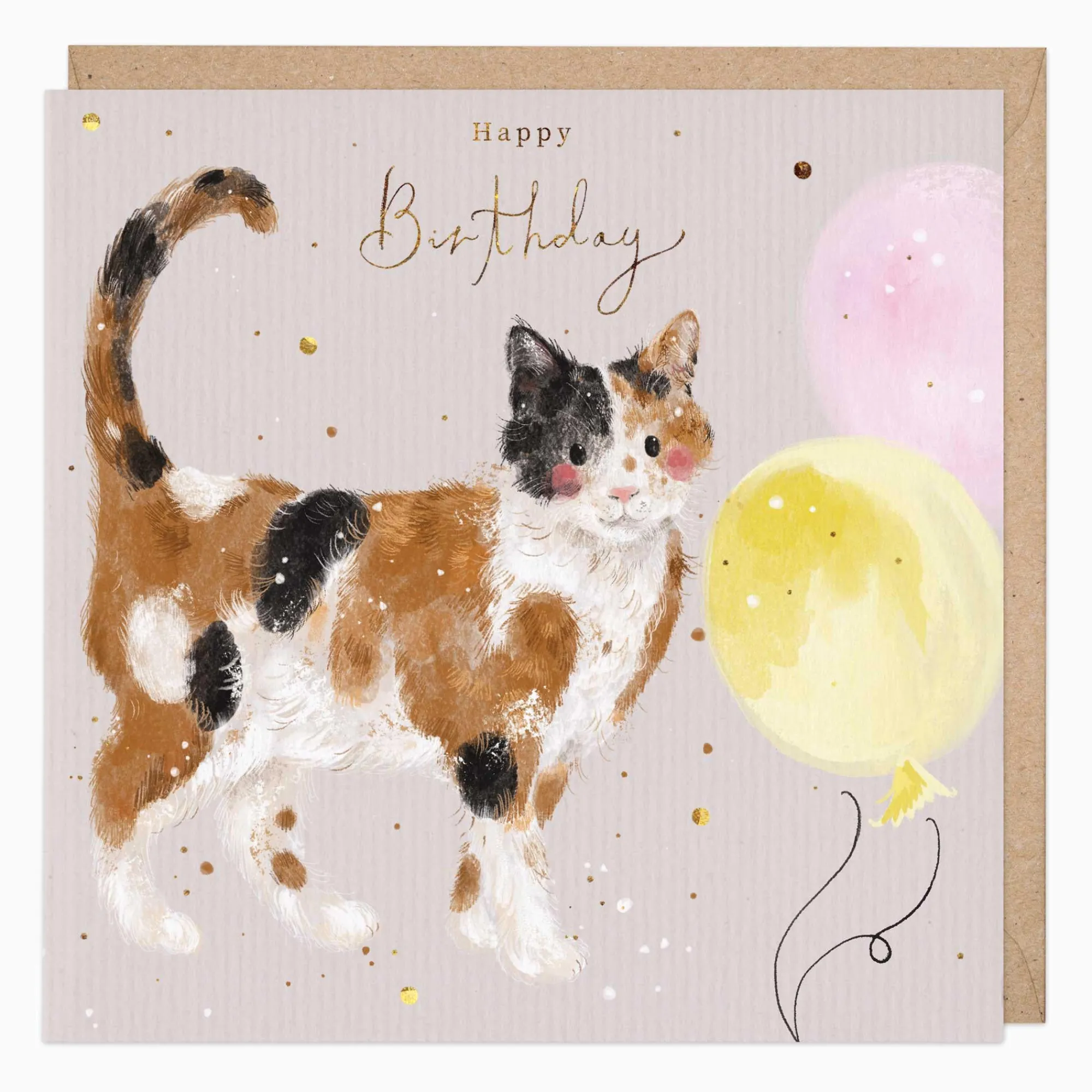 Birthday|For Her*Whistlefish Calico Cat & Balloon Birthday Card