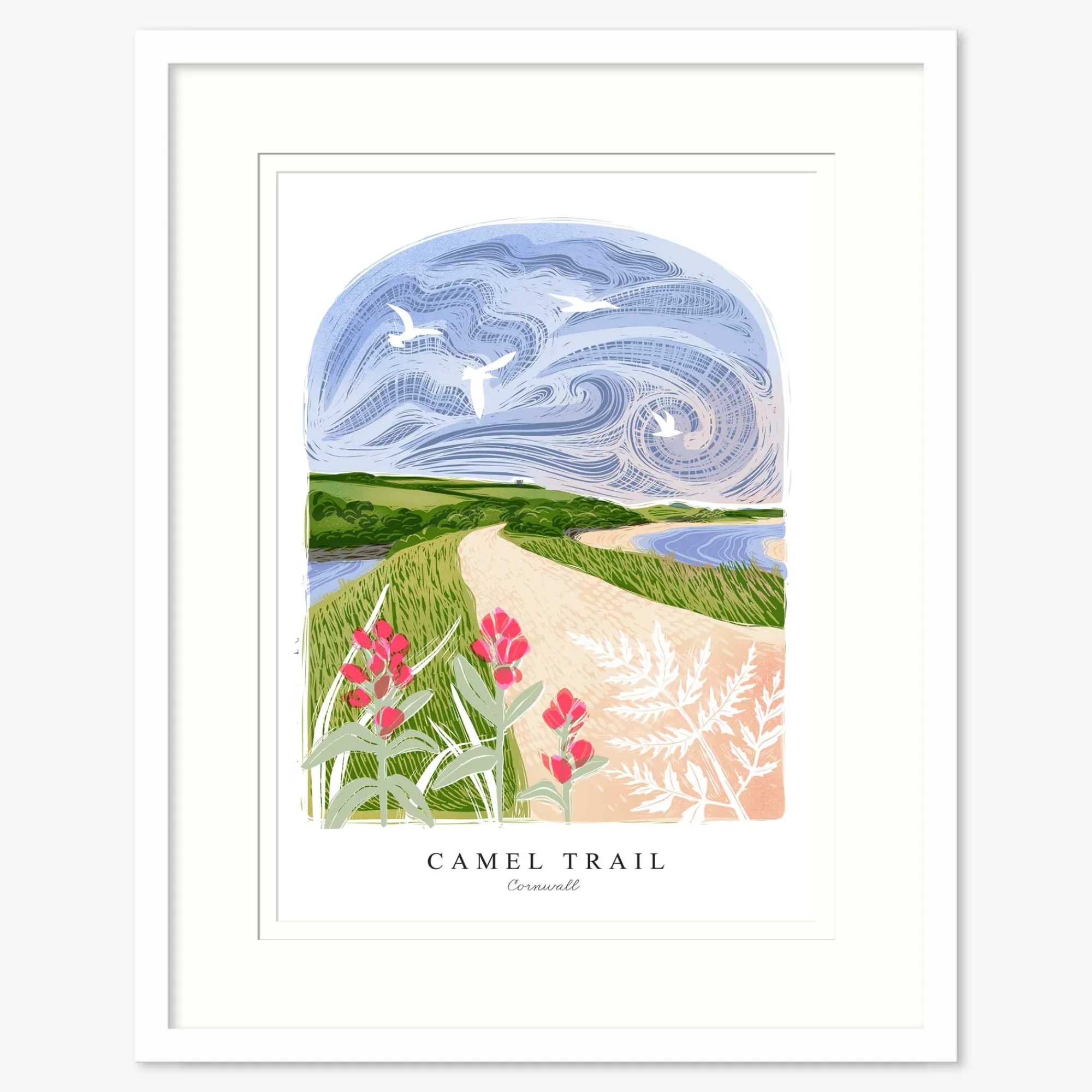 Cornwall|Travel*Whistlefish Camel Trail Lino Large Framed Print