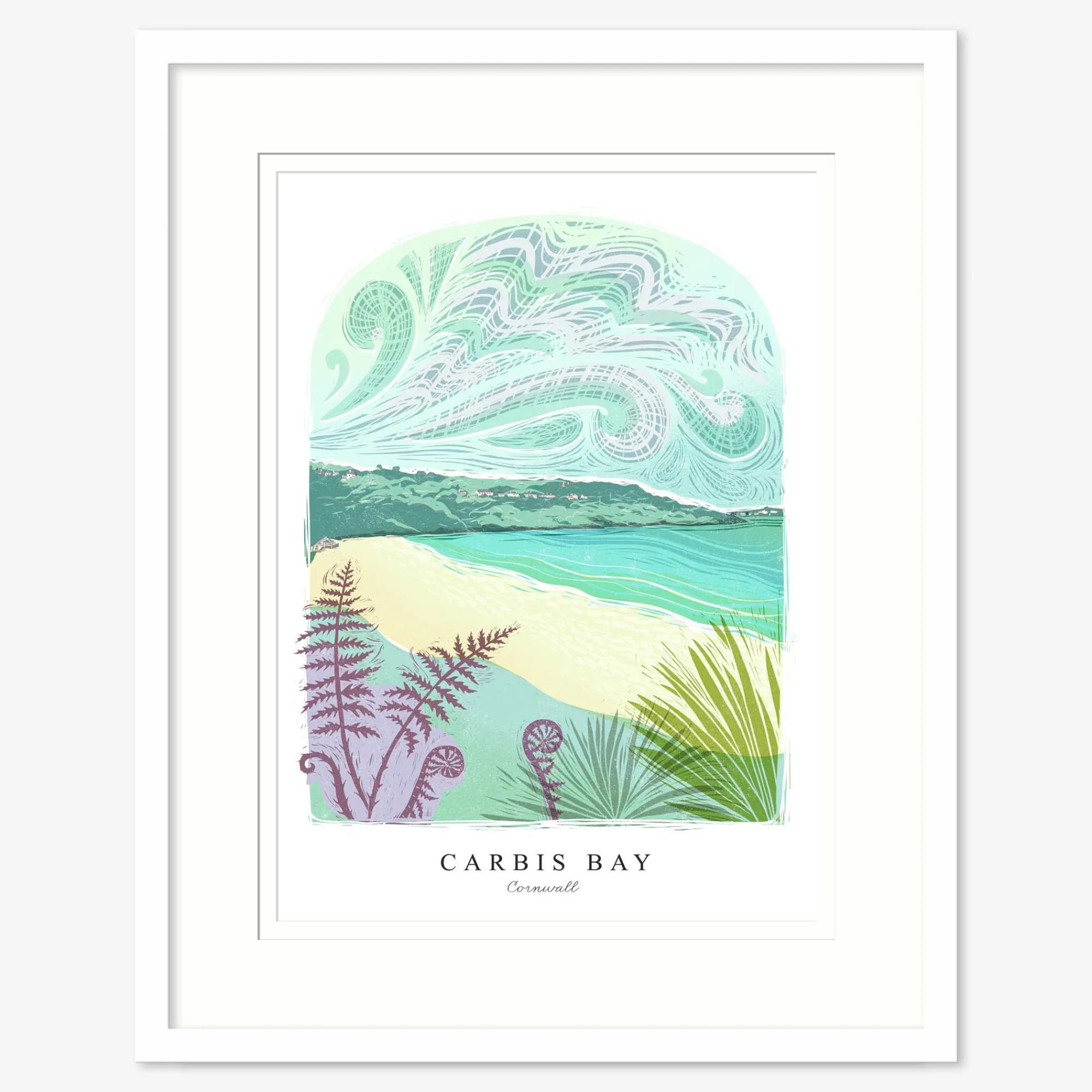 Cornwall|Travel*Whistlefish Carbis Bay Lino Large Framed Print