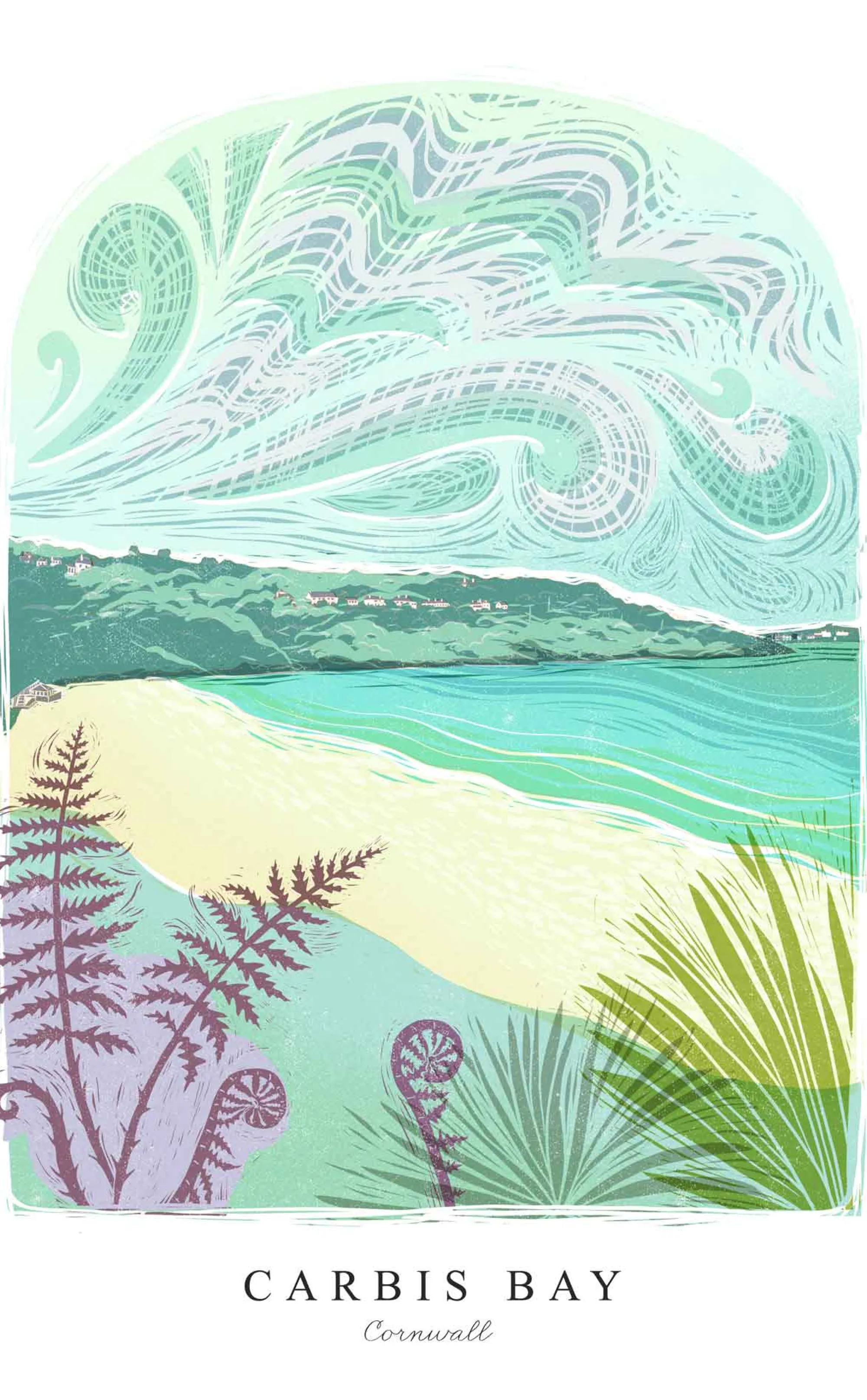 Cornwall|Lino*Whistlefish Carbis Bay Lino Small Framed Print