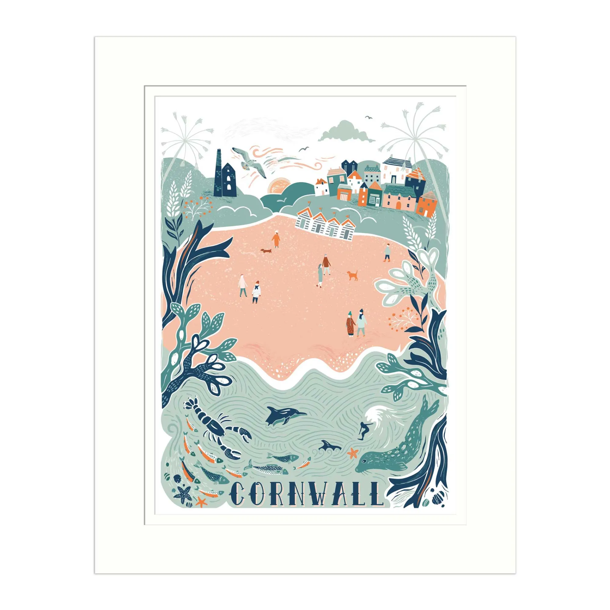 Cornwall|Travel*Whistlefish Cornwall Lino Mounted Print