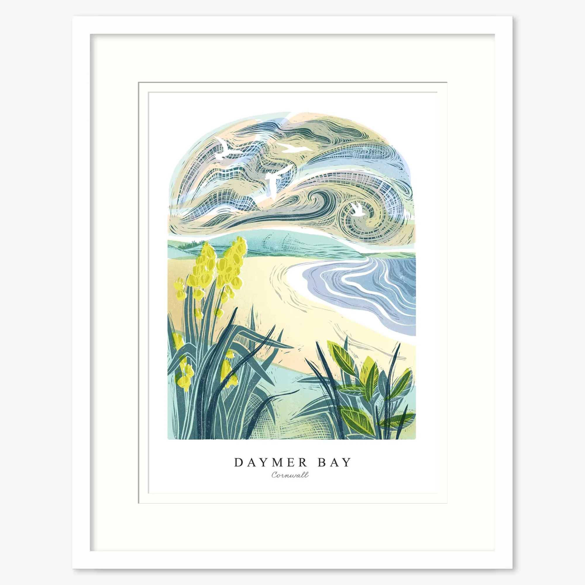 Cornwall|Travel*Whistlefish Daymer Bay Lino Large Framed Print