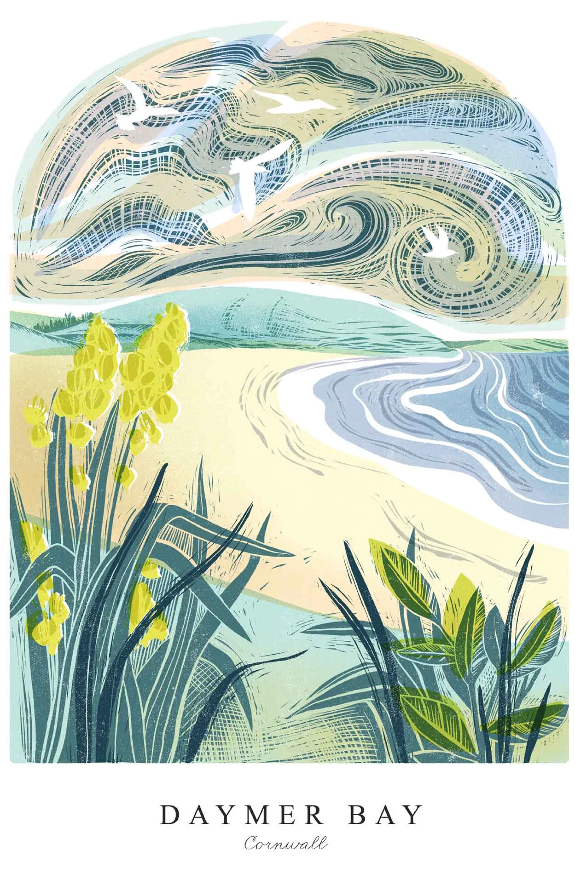 Cornwall|Lino*Whistlefish Daymer Bay Lino Small Framed Print