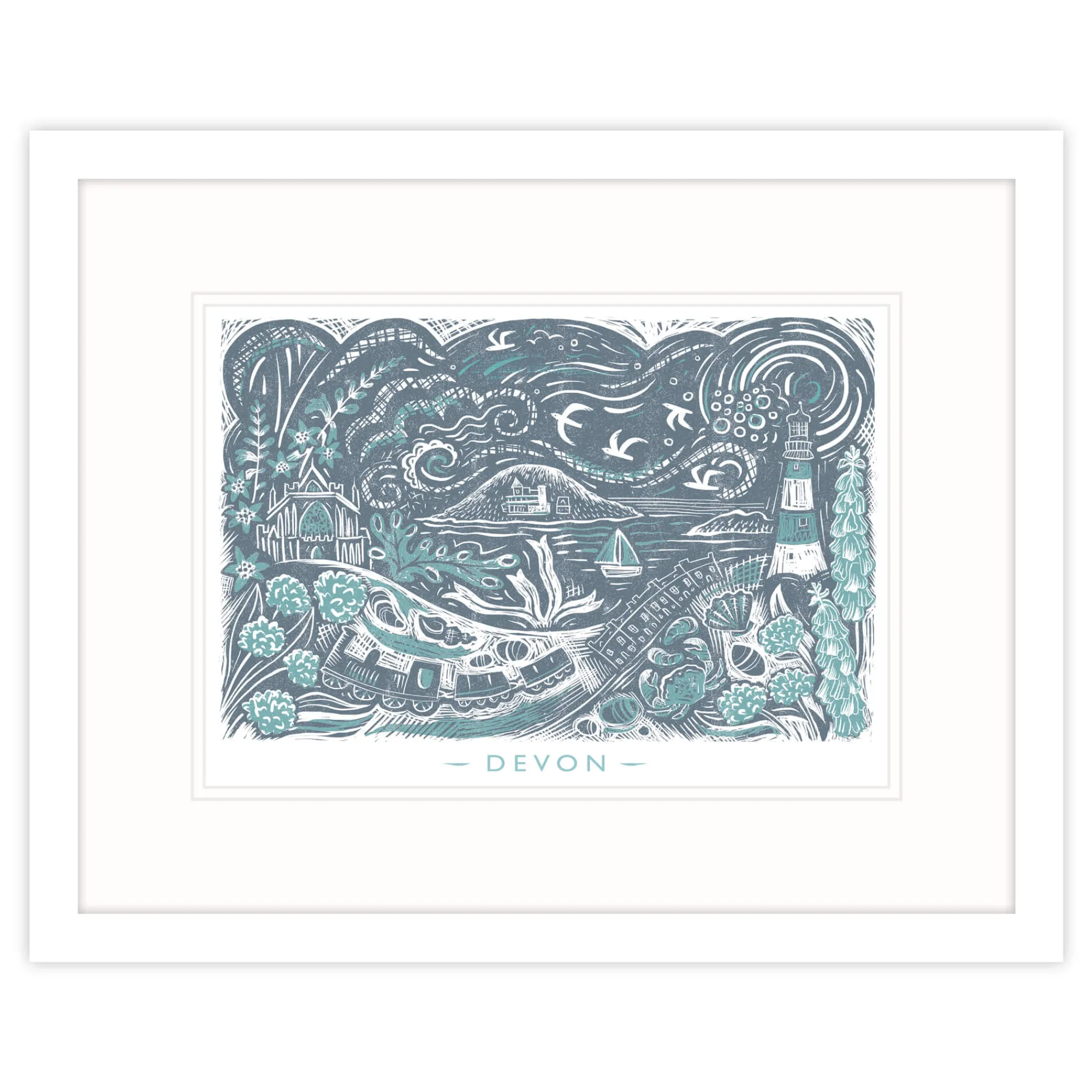 Devon|Coastal Scenes*Whistlefish Devon Lino Framed Print