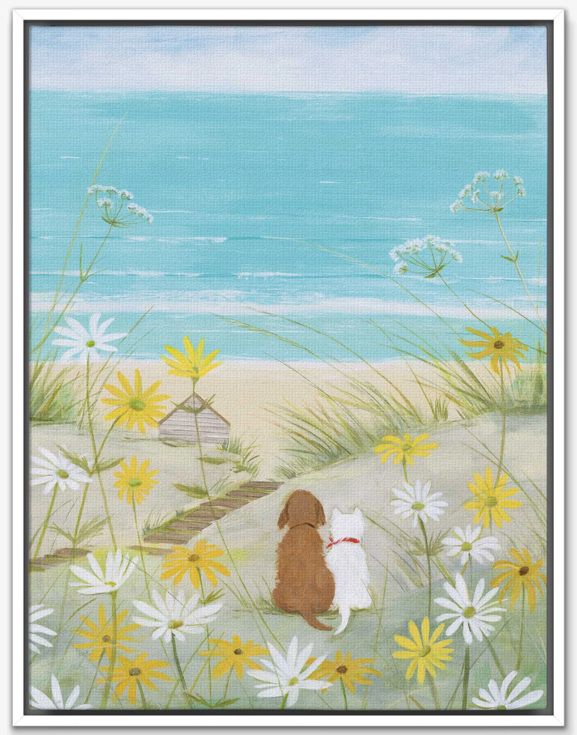 Floral & Flowers|Coastal Scenes*Whistlefish Dogs & Daisies Framed Canvas