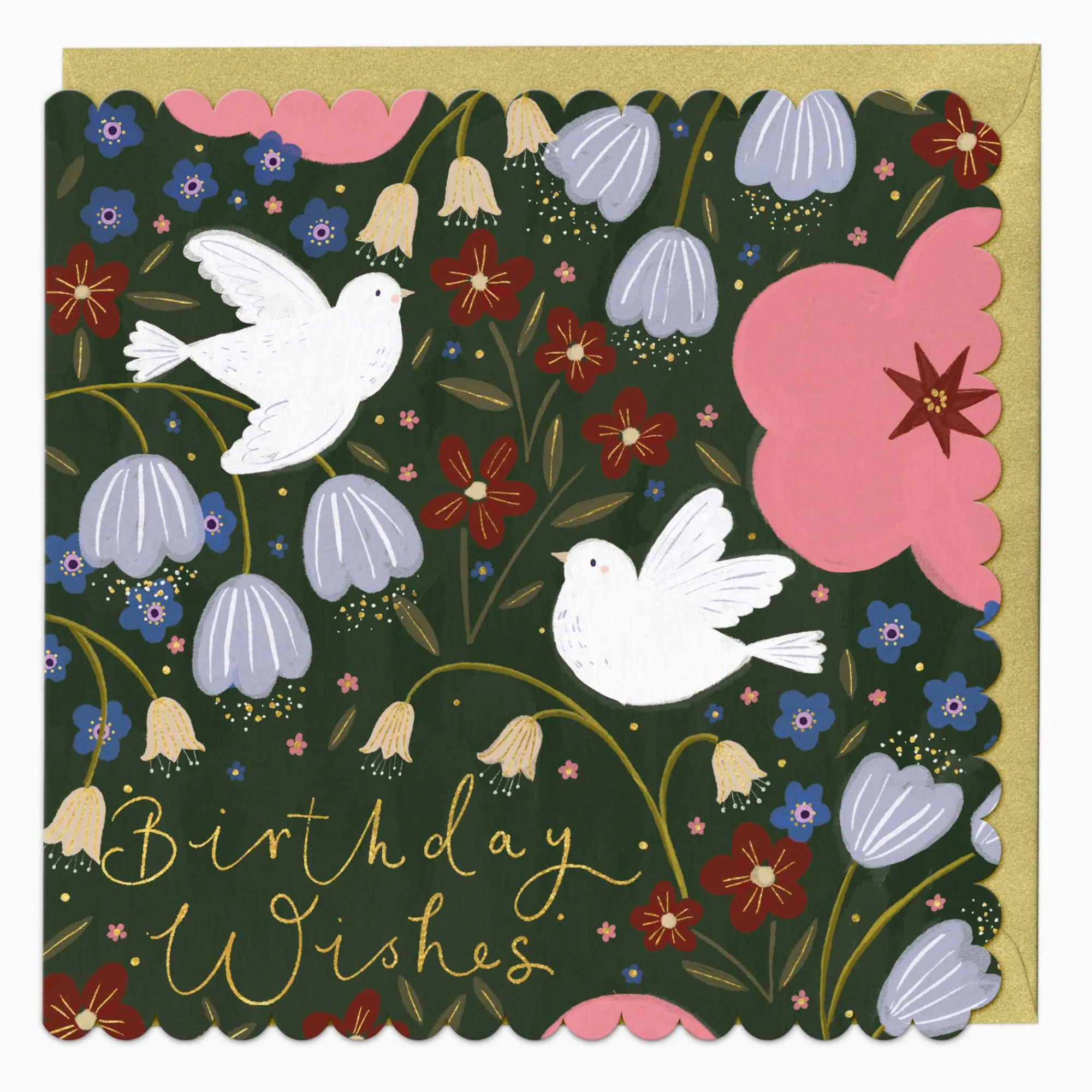 Birthday|For Her*Whistlefish Doves Among Florals Birthday Scalloped Card