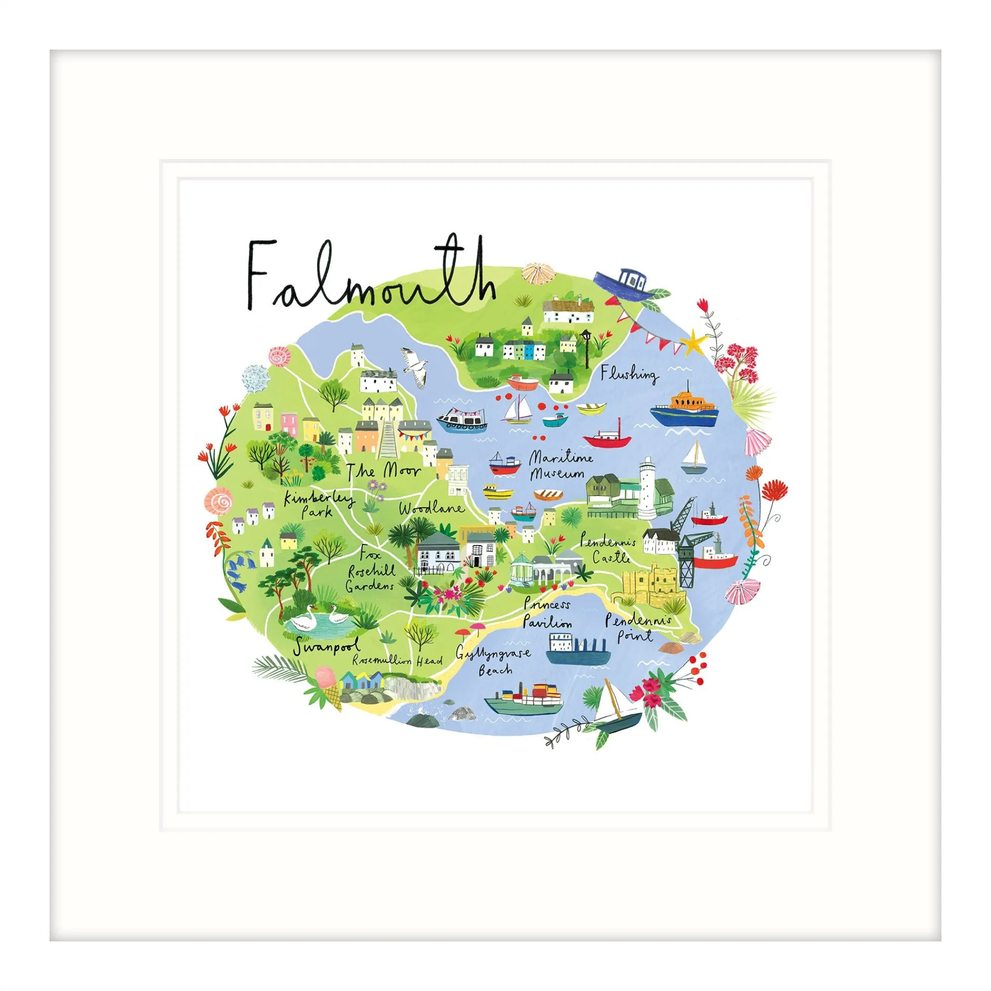 Falmouth|Cornwall*Whistlefish Falmouth Art Map Large Framed Print