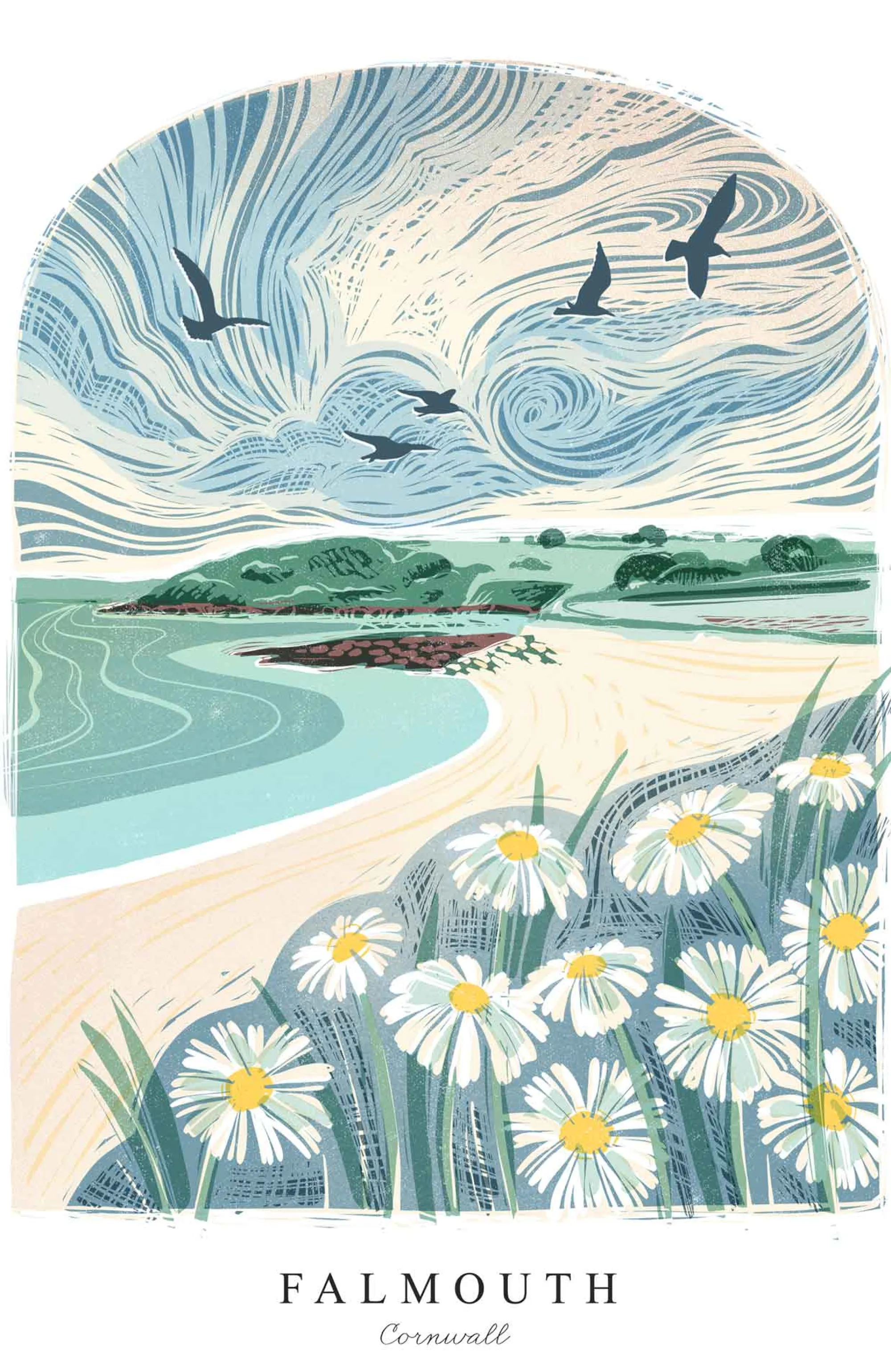 Falmouth|Cornwall*Whistlefish Falmouth Lino Large Framed Print