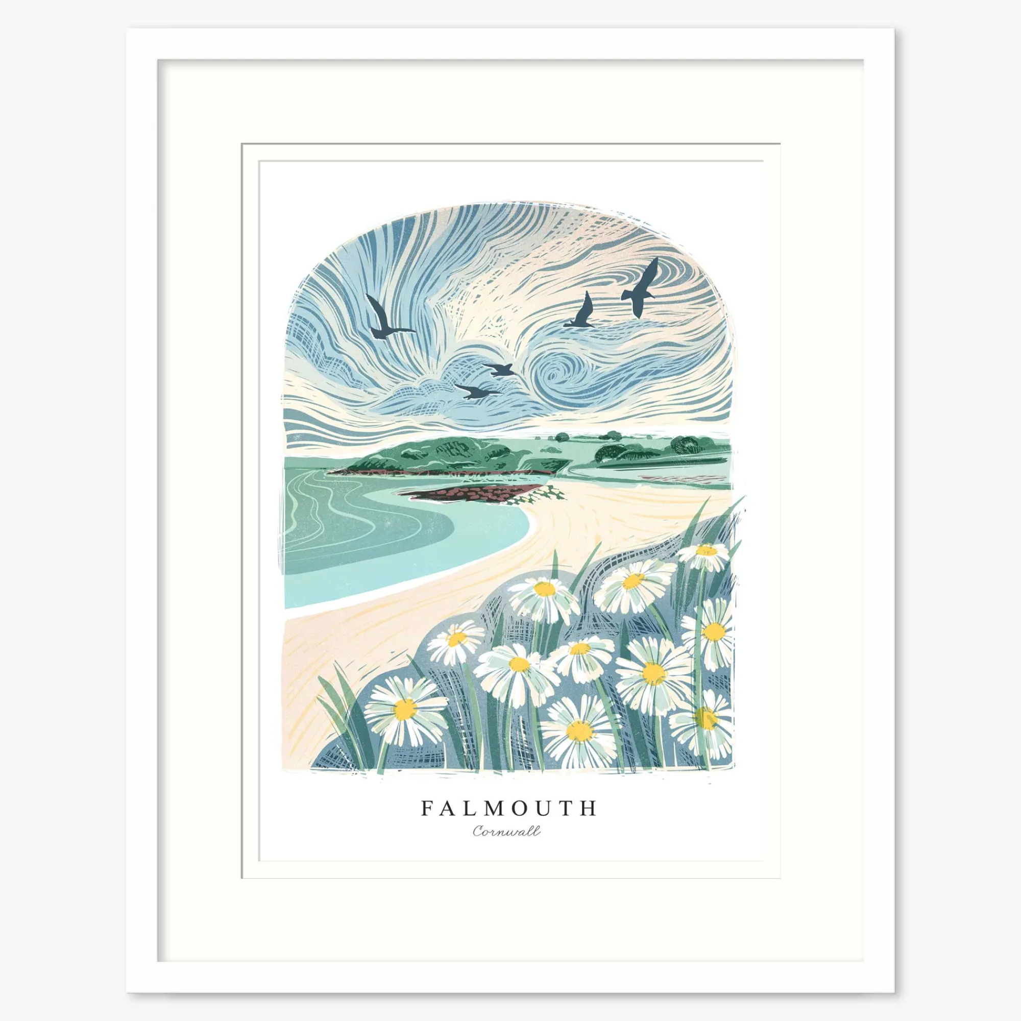 Falmouth|Cornwall*Whistlefish Falmouth Lino Small Framed Print