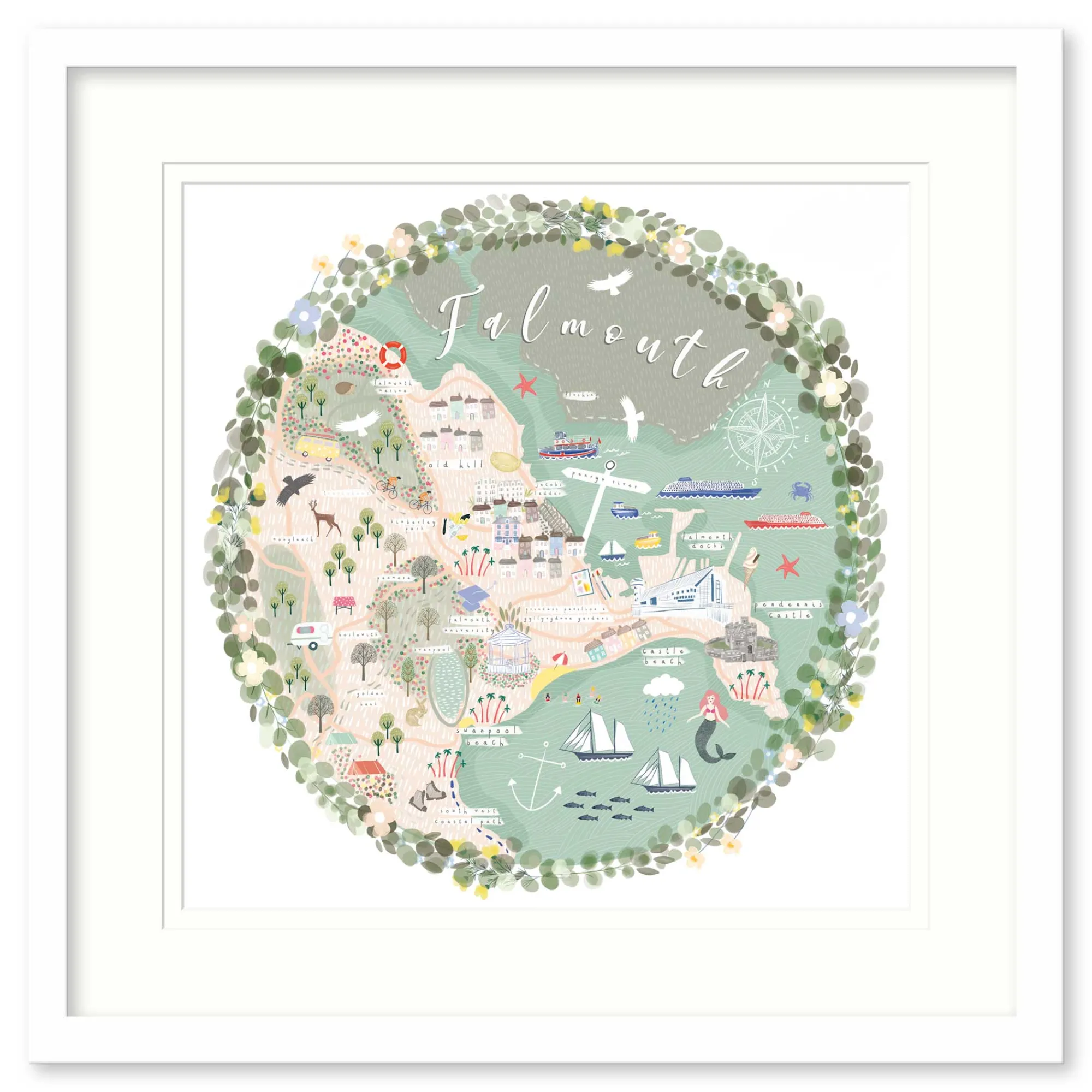 Falmouth|Cornwall*Whistlefish Falmouth Map Medium Framed Print