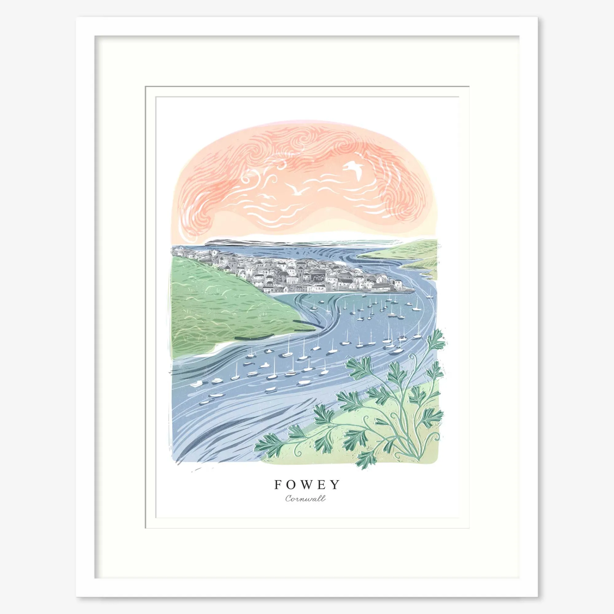 Fowey|Cornwall*Whistlefish Fowey Lino Large Framed Print