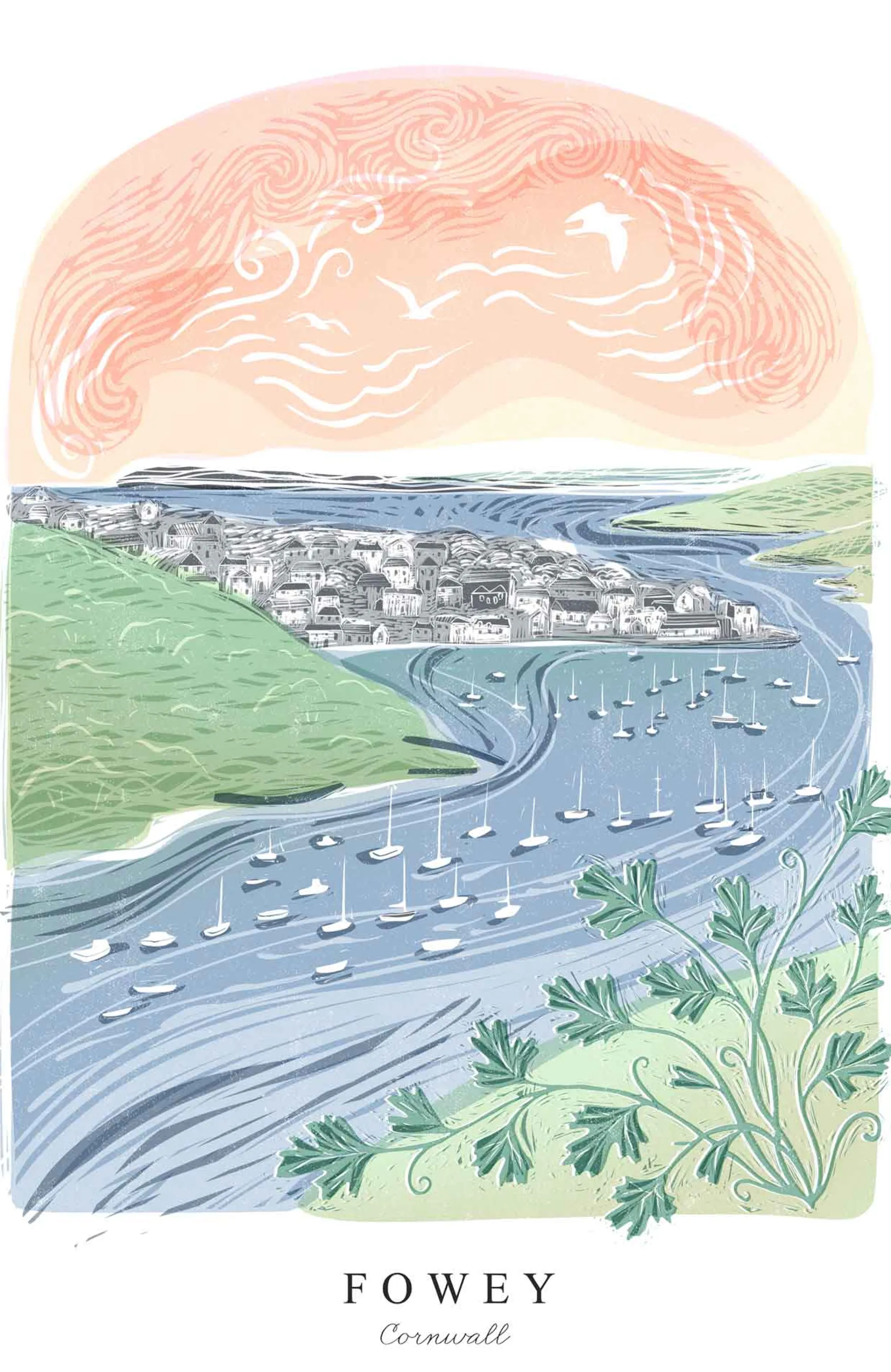 Fowey|Cornwall*Whistlefish Fowey Lino Small Framed Print