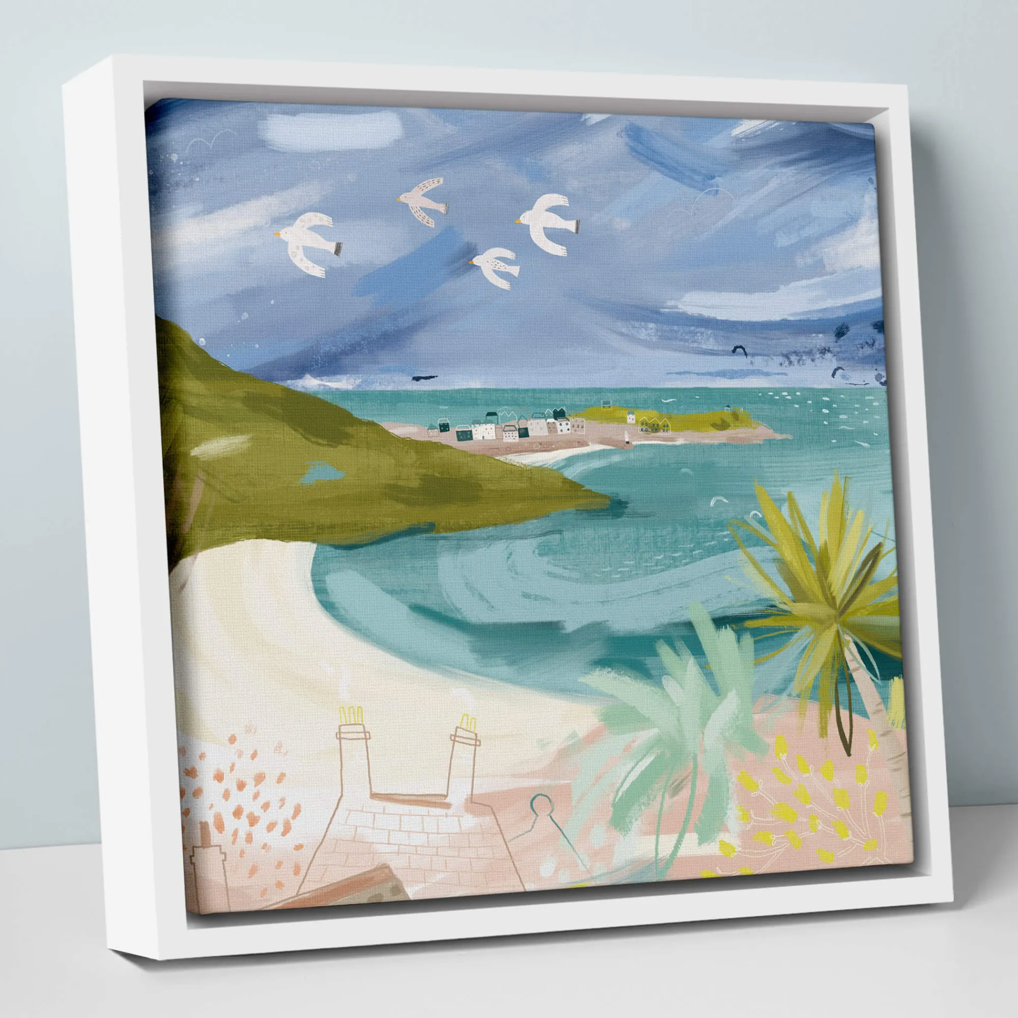 St Ives|Cornwall*Whistlefish Gulls Over Carbis Bay Small Framed Canvas