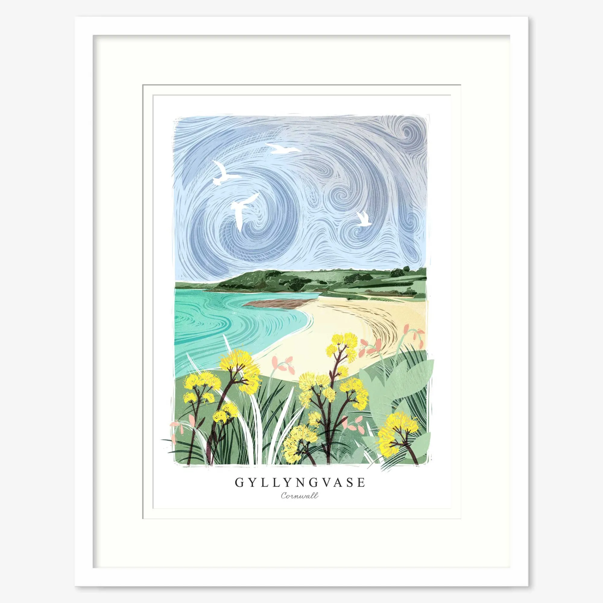 Cornwall|Lino*Whistlefish Gyllyngvase Lino Small Framed Print