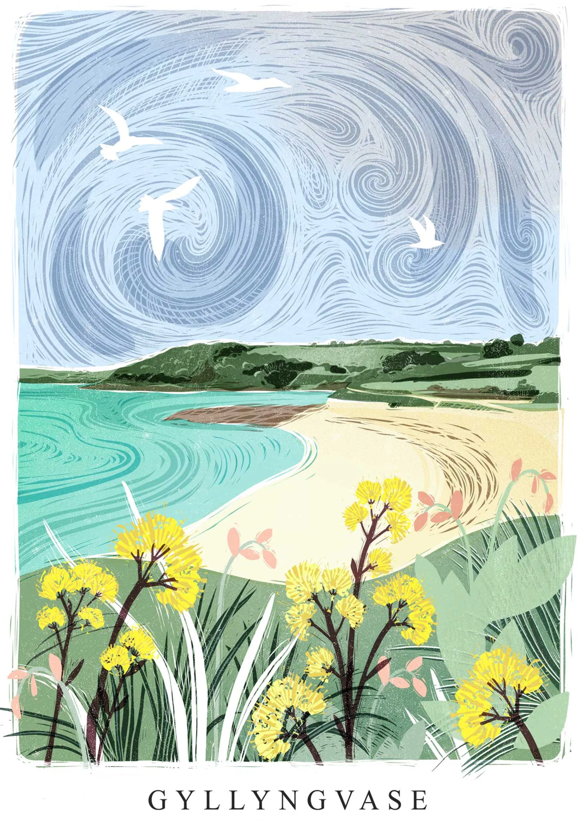 Cornwall|Lino*Whistlefish Gyllyngvase Lino Small Framed Print