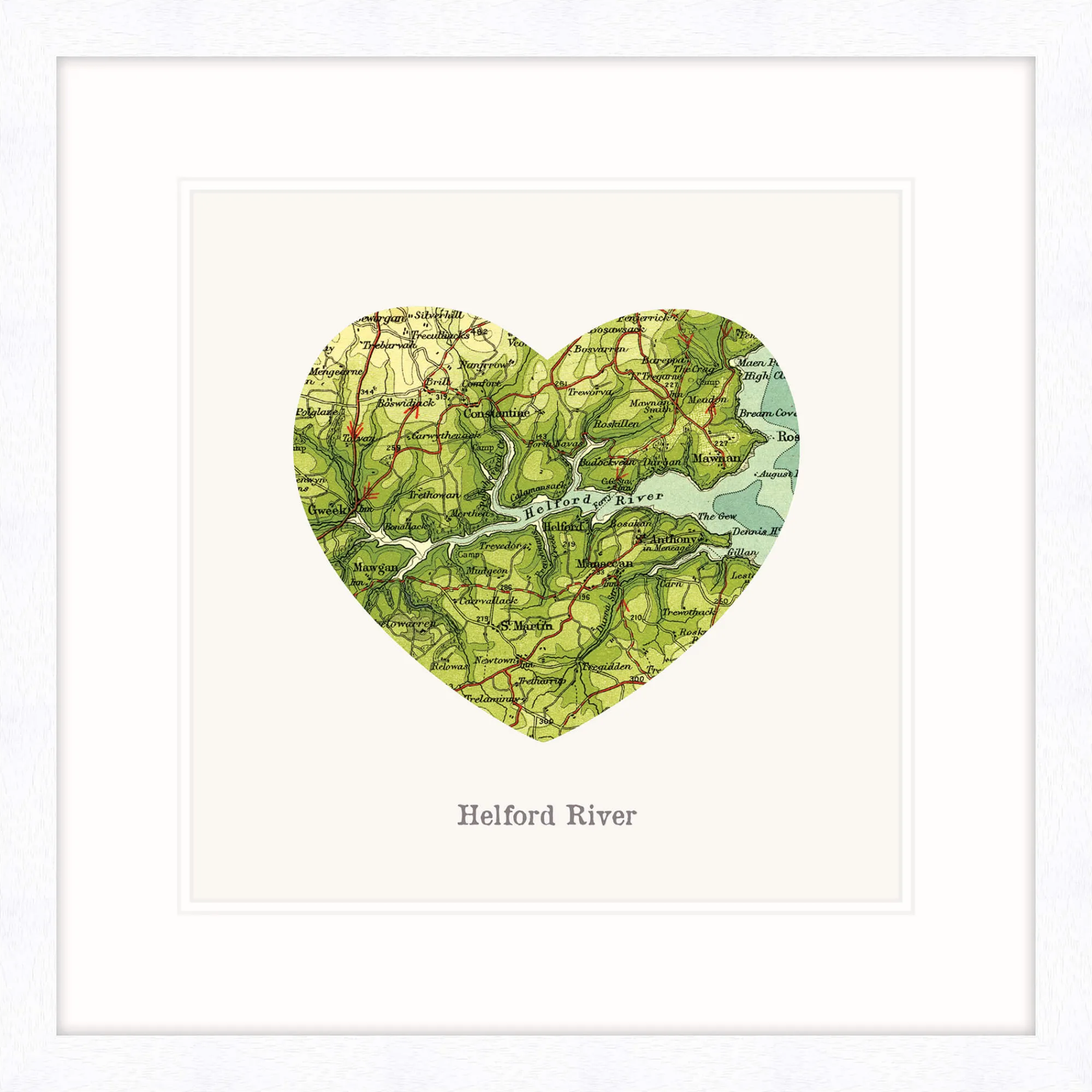 Cornwall|Framed Prints*Whistlefish Helford River Map Heart Small Framed Print