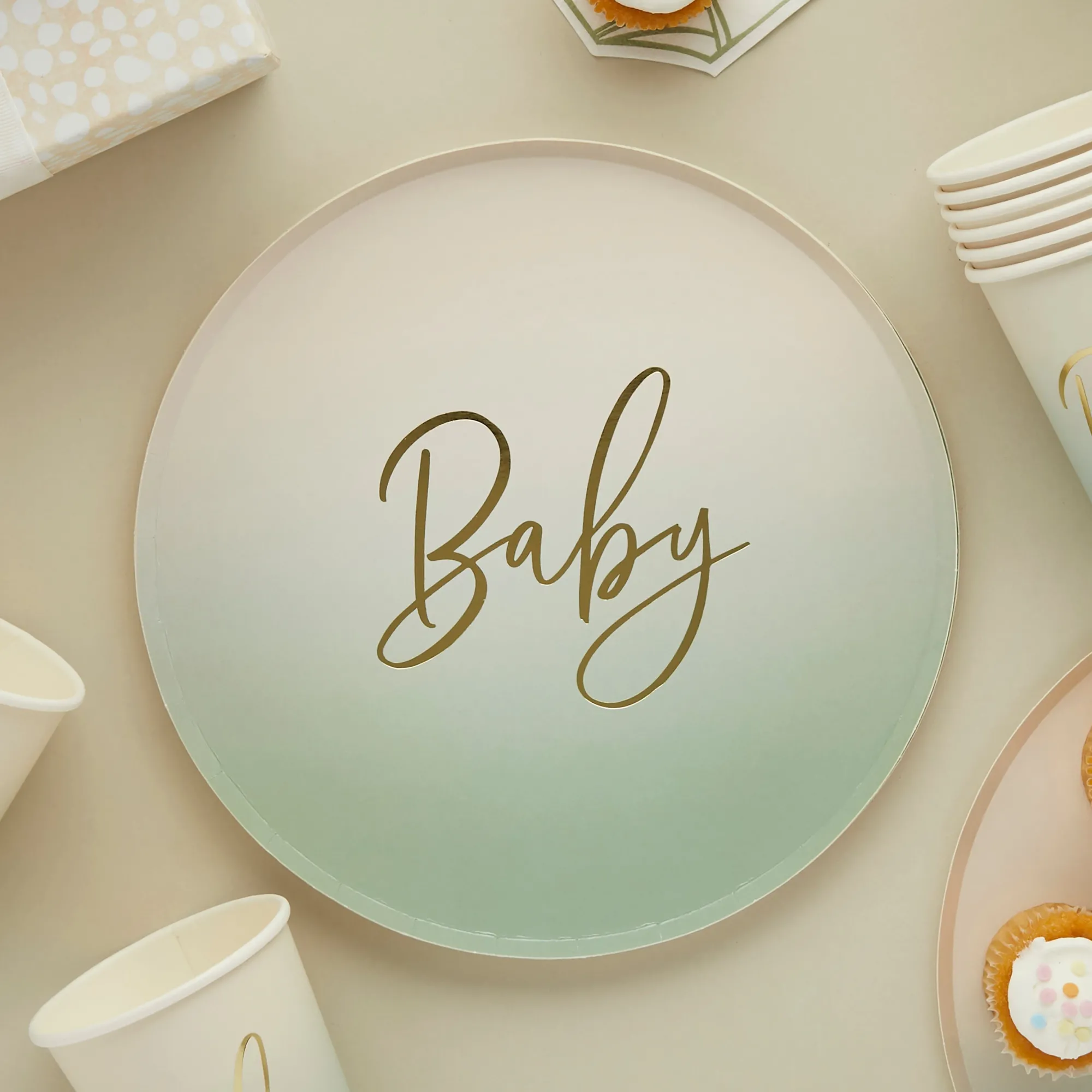 Paper Plates|Baby Shower*Whistlefish Neutral Sage 'Baby' Paper Plates 8pcs