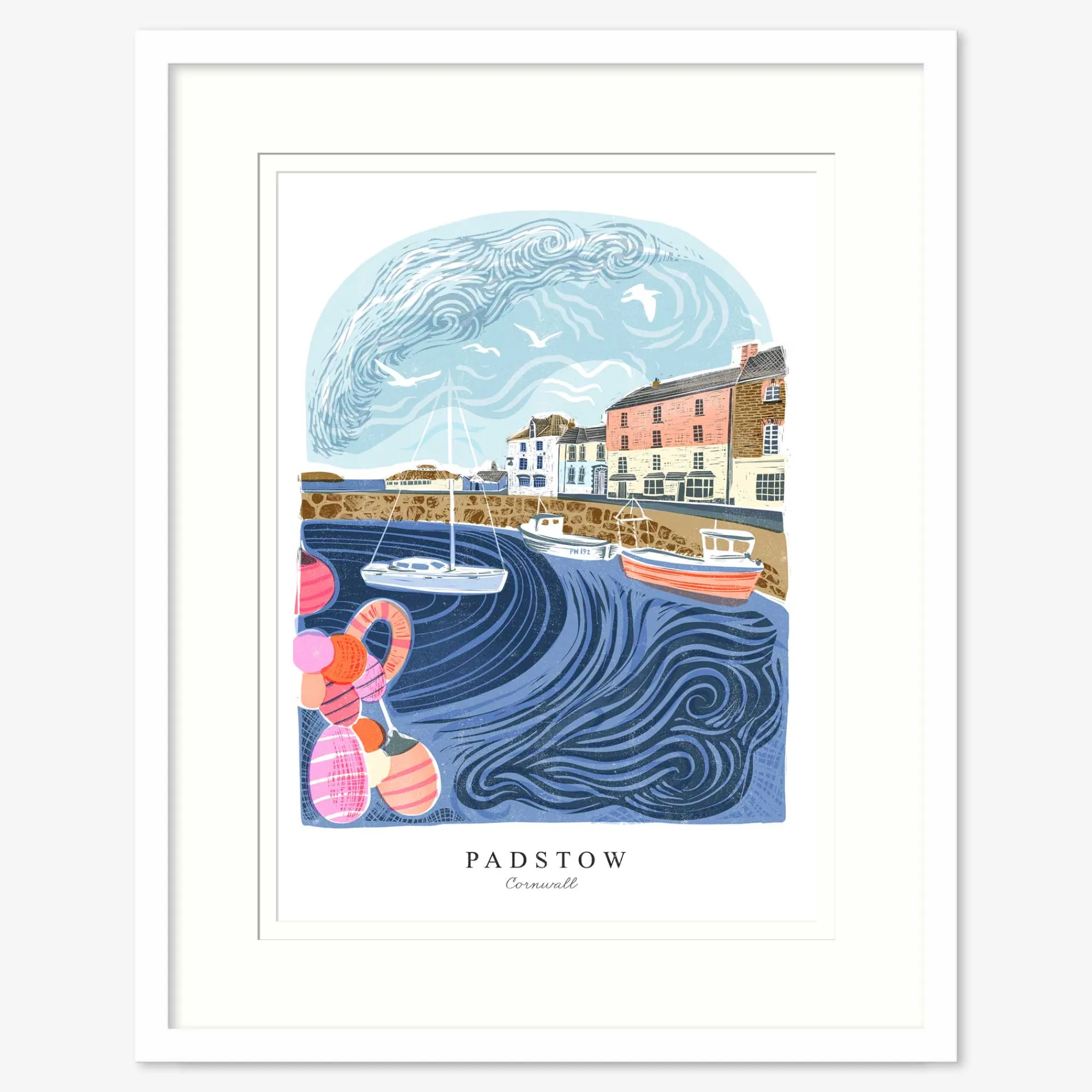 Padstow|Cornwall*Whistlefish Padstow Lino Large Framed Print