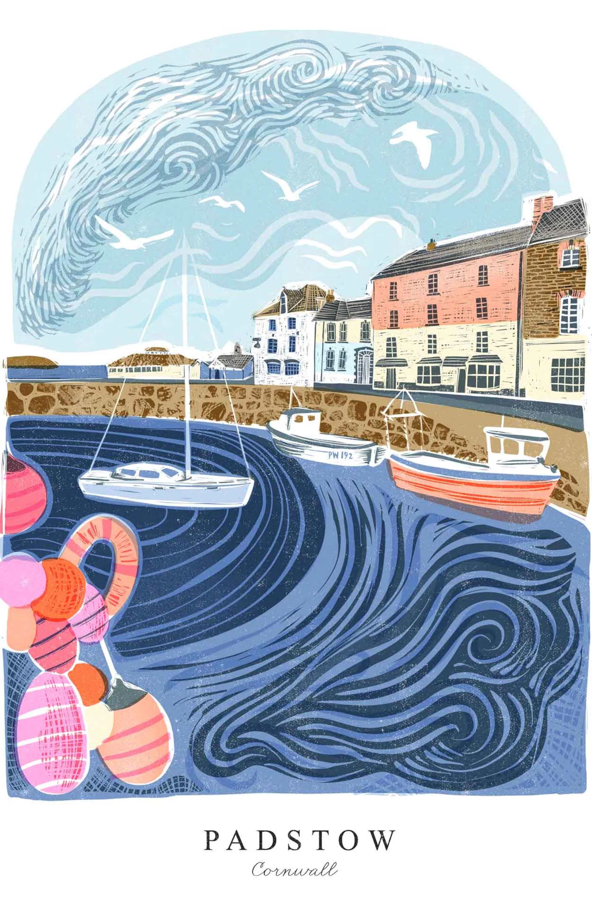 Padstow|Cornwall*Whistlefish Padstow Lino Large Framed Print
