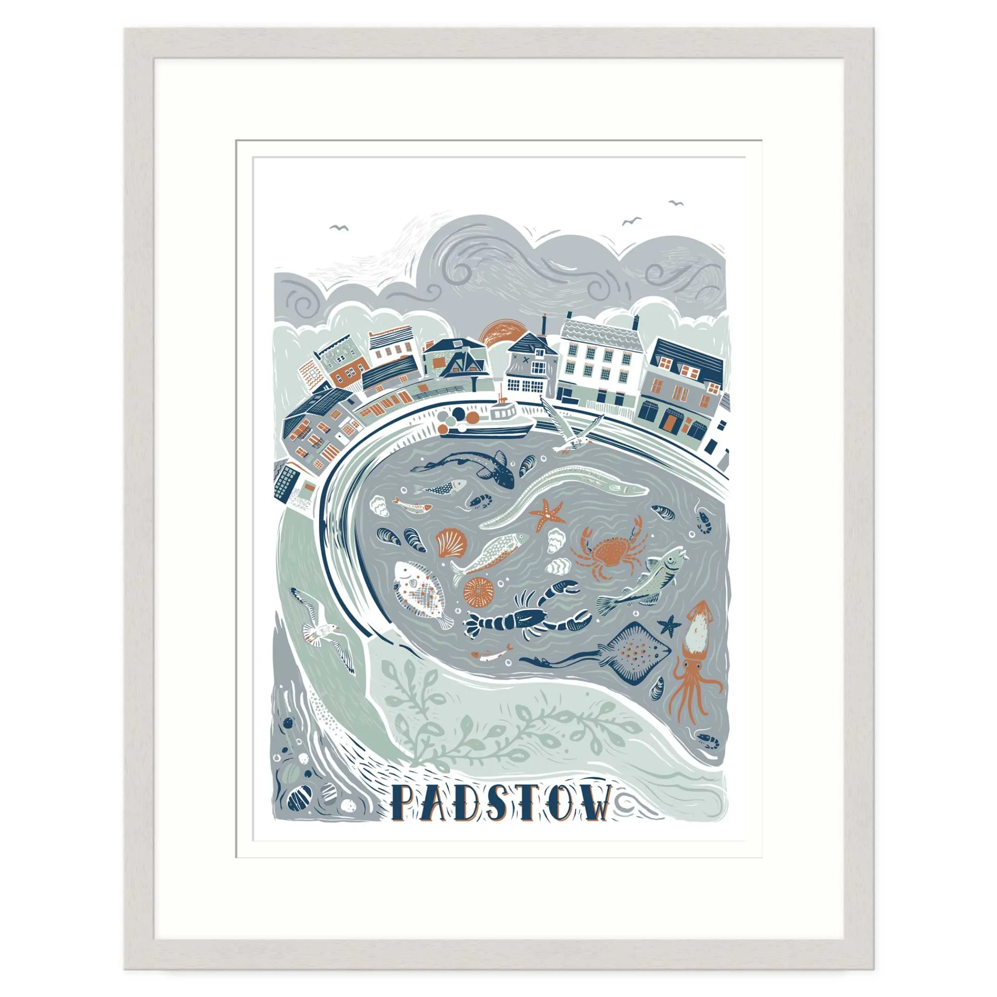 Padstow|Cornwall*Whistlefish Padstow Lino Medium Framed Print