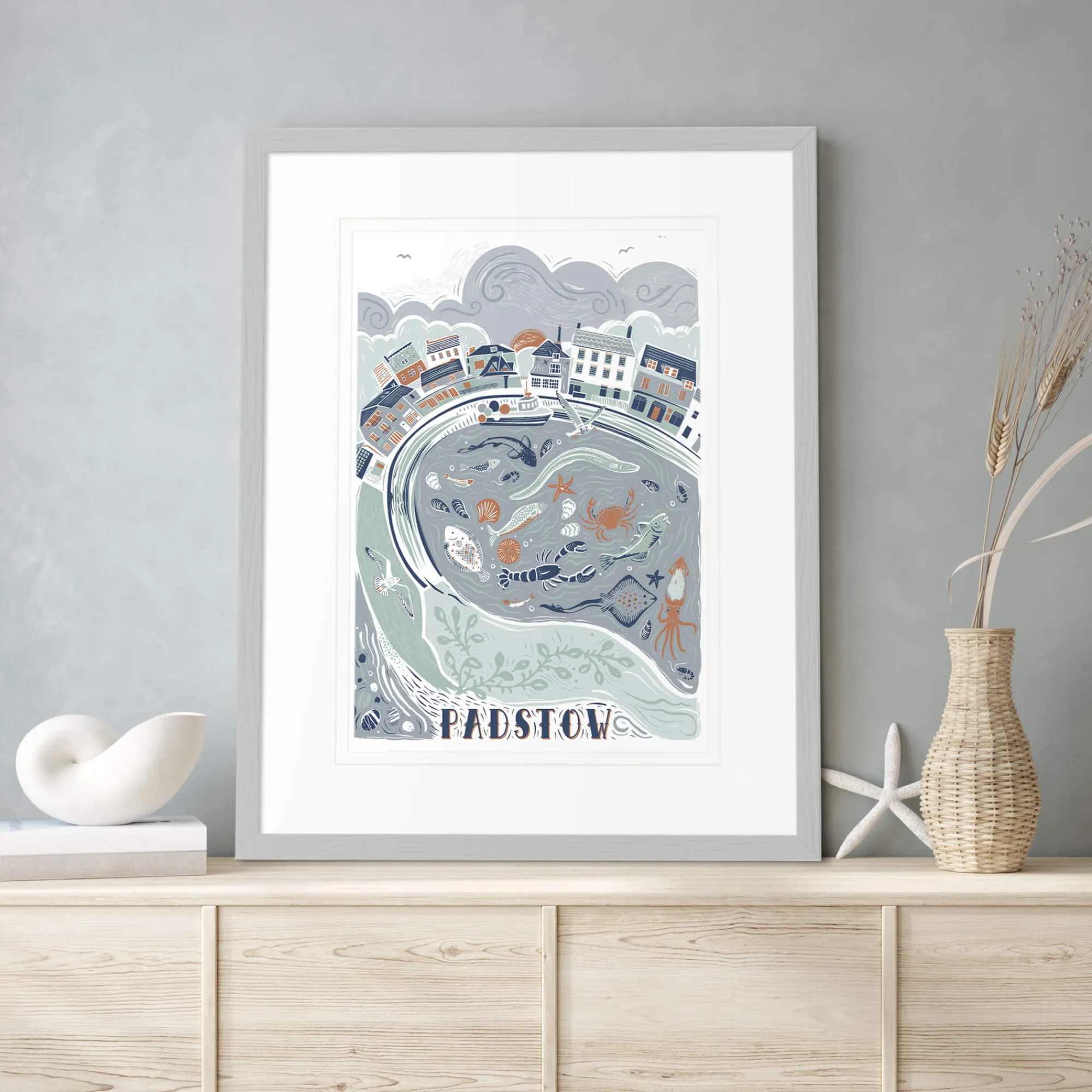 Padstow|Cornwall*Whistlefish Padstow Lino Medium Framed Print