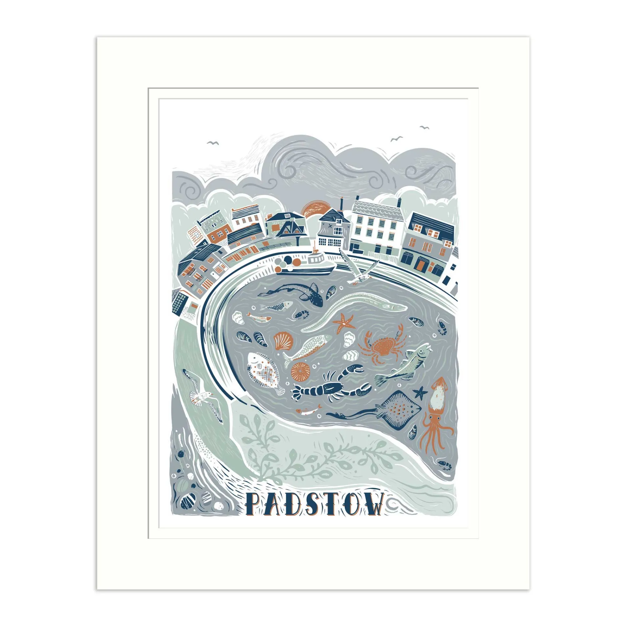 Padstow|Travel*Whistlefish Padstow Lino Medium Mounted Print