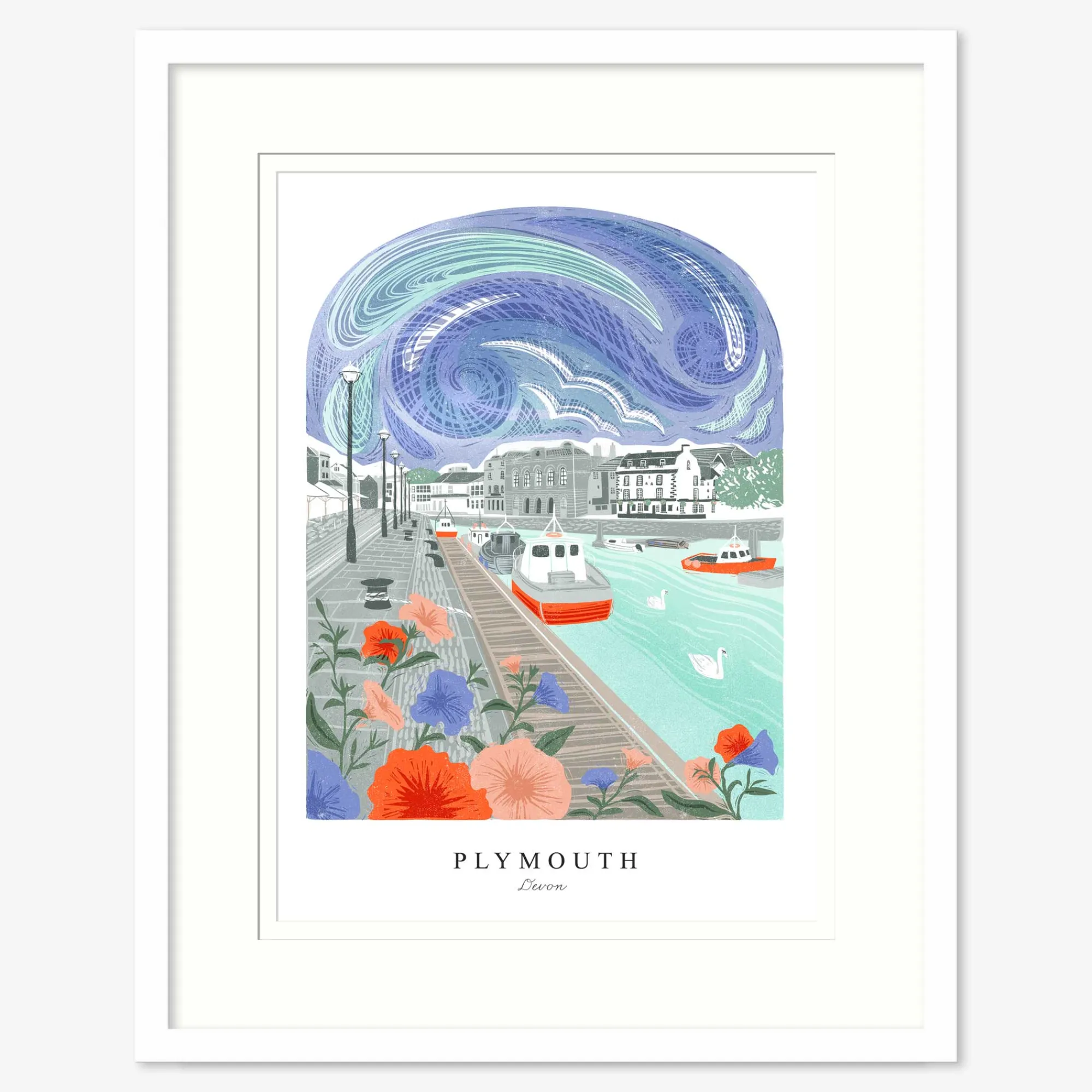 Devon|Travel*Whistlefish Plymouth Lino Large Framed Print
