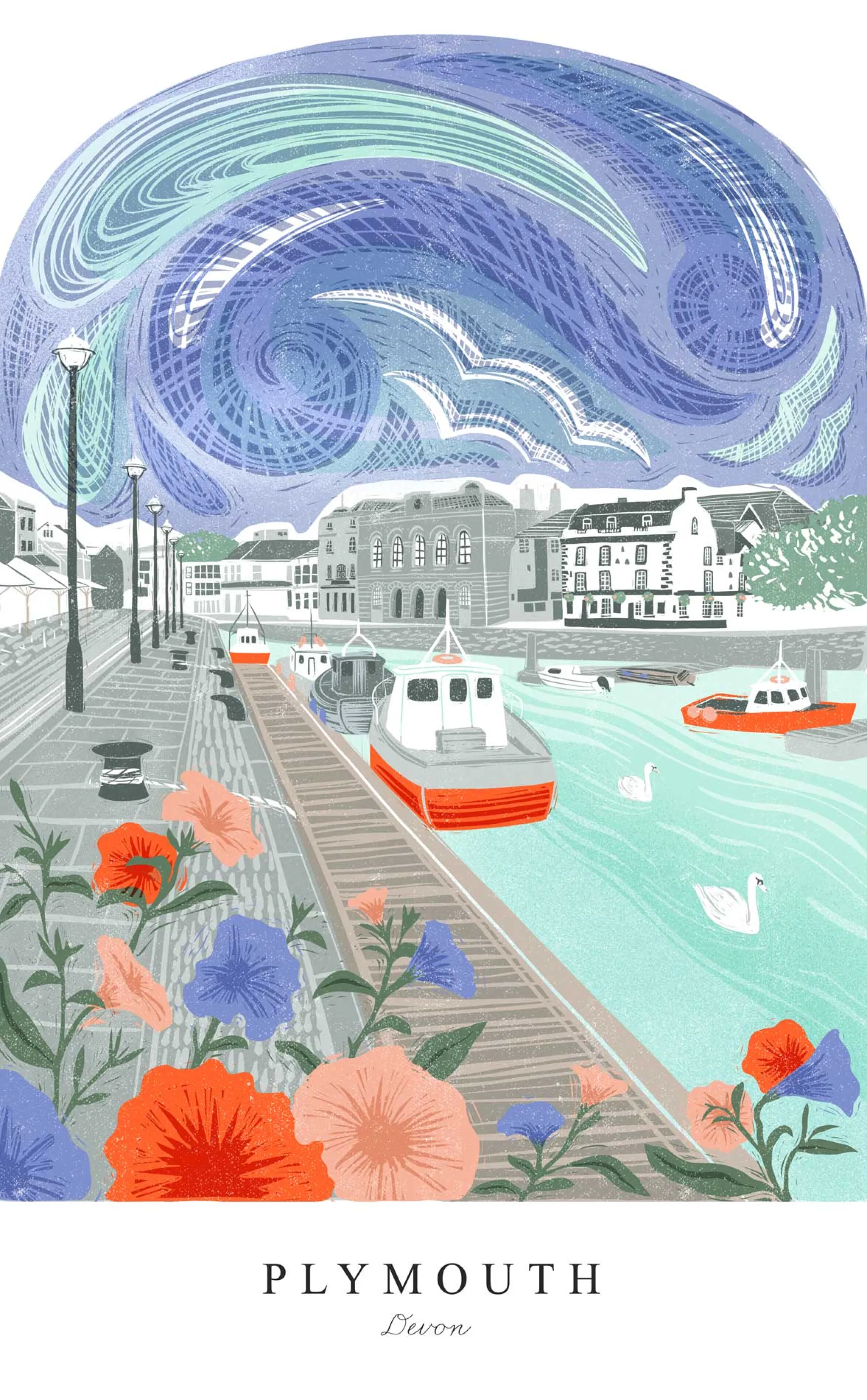 Devon|Travel*Whistlefish Plymouth Lino Large Framed Print