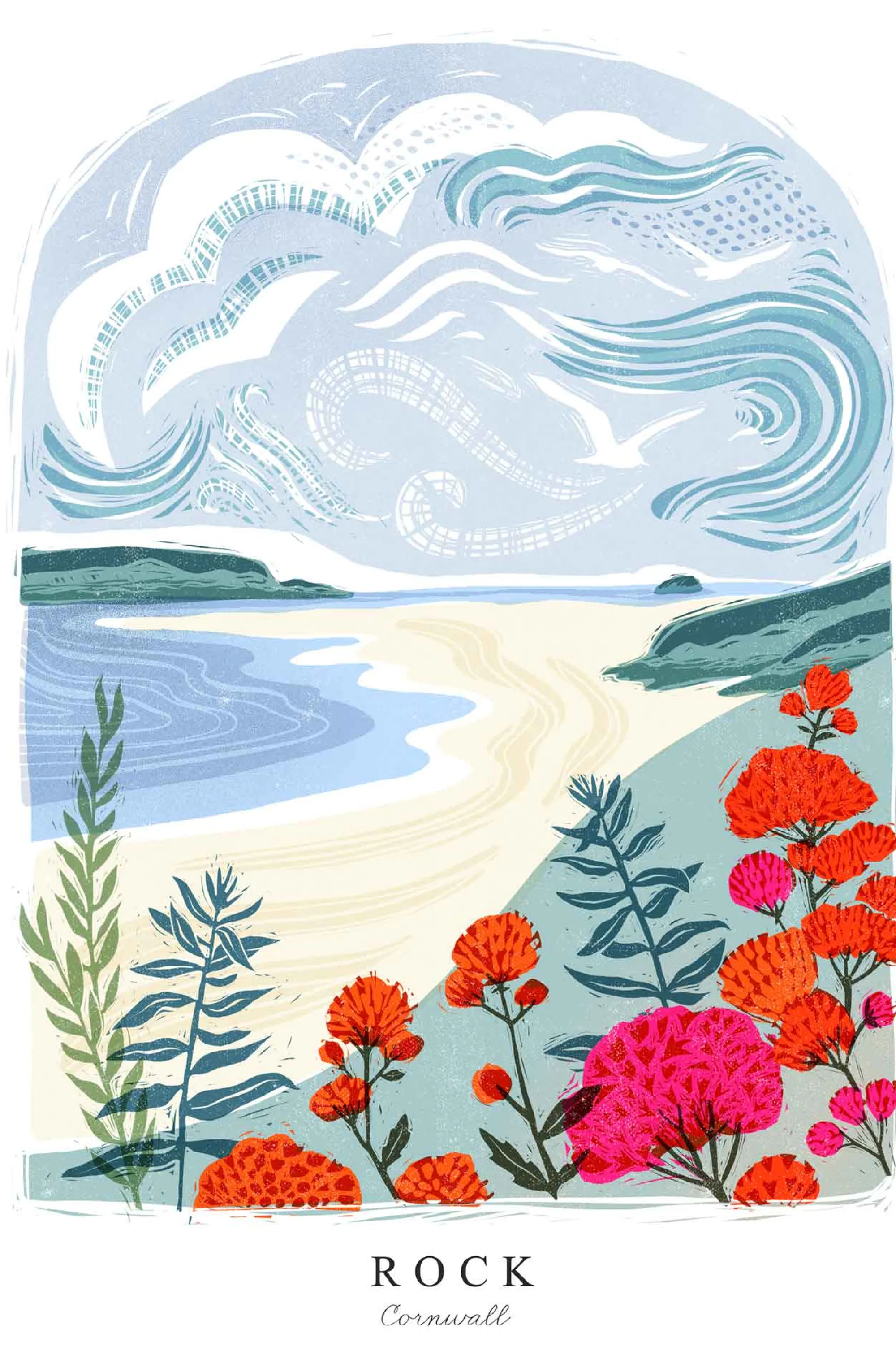 Cornwall|Travel*Whistlefish Rock Lino Large Framed Print