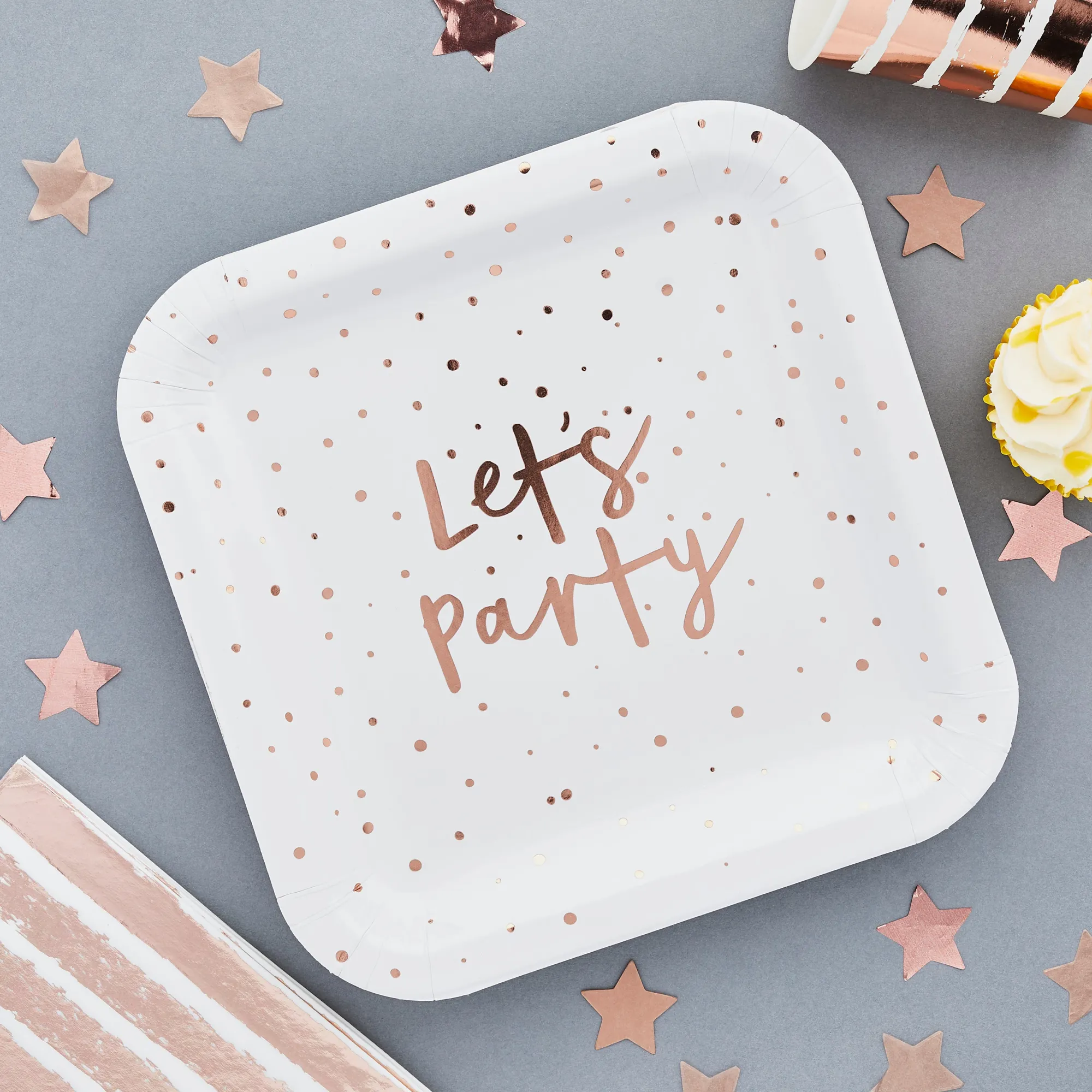 Paper Plates|Birthday*Whistlefish Rose Gold 'Let's Party' Paper Plates 8pc