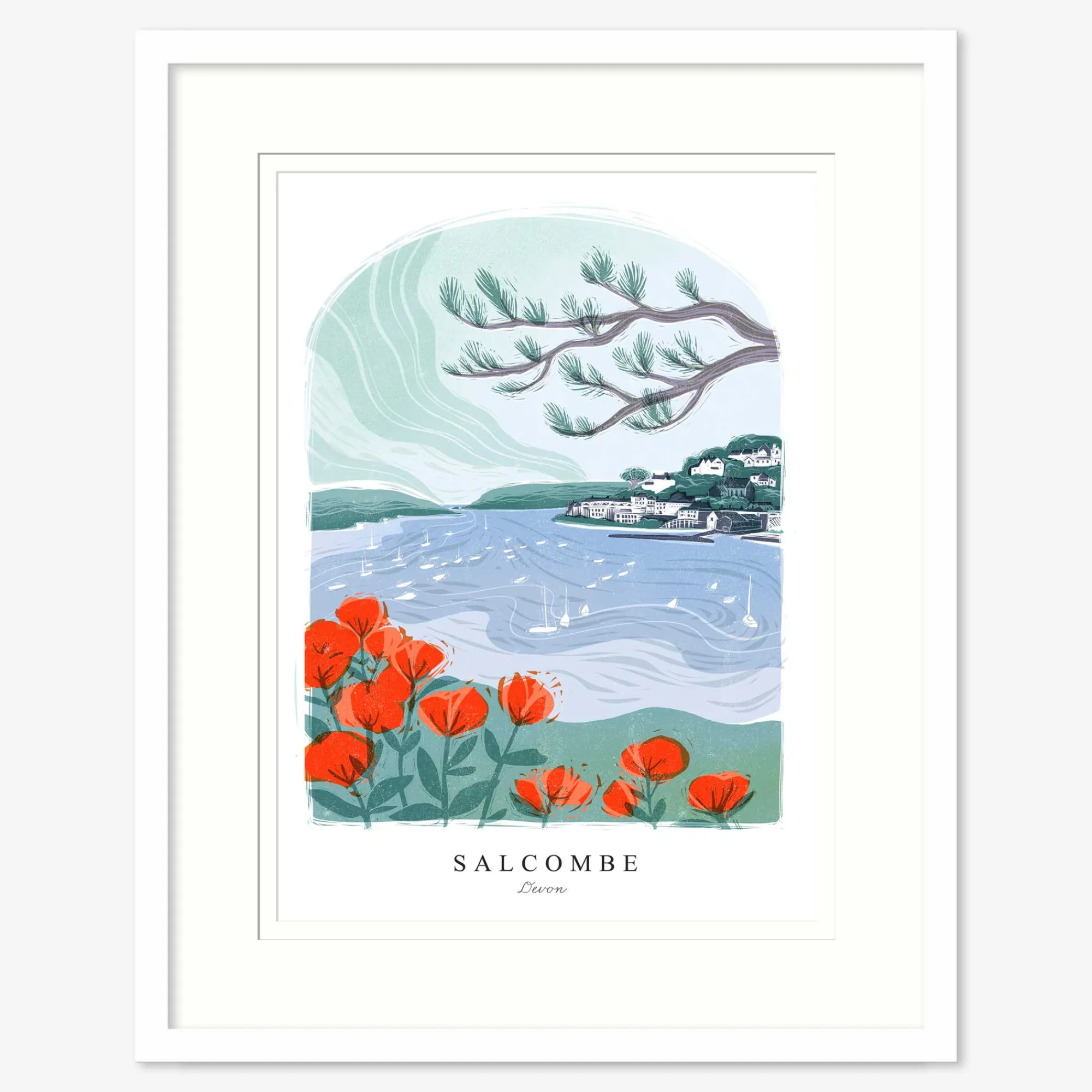 Salcombe|Devon*Whistlefish Salcombe Lino Small Framed Print