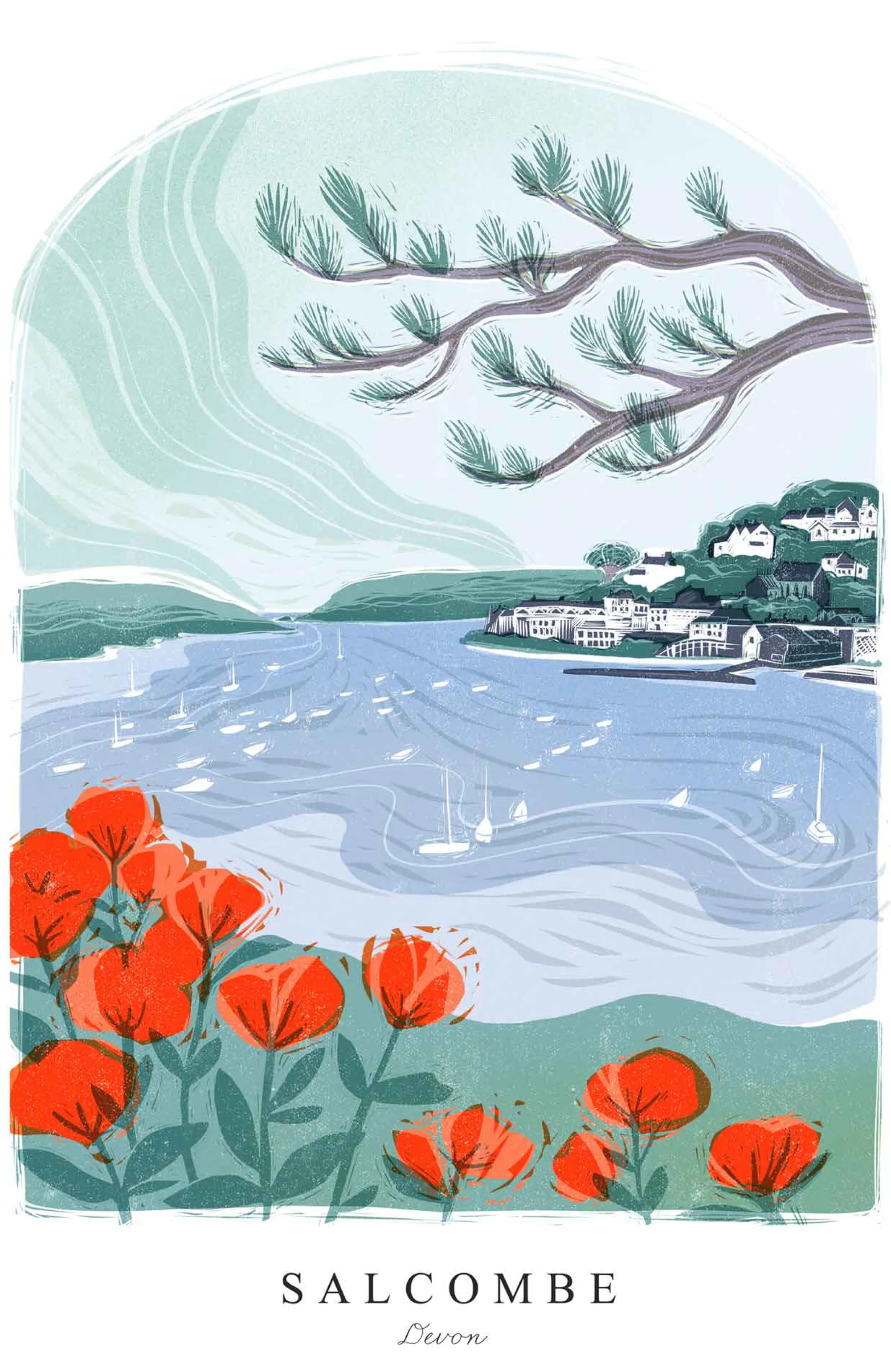 Salcombe|Devon*Whistlefish Salcombe Lino Small Framed Print