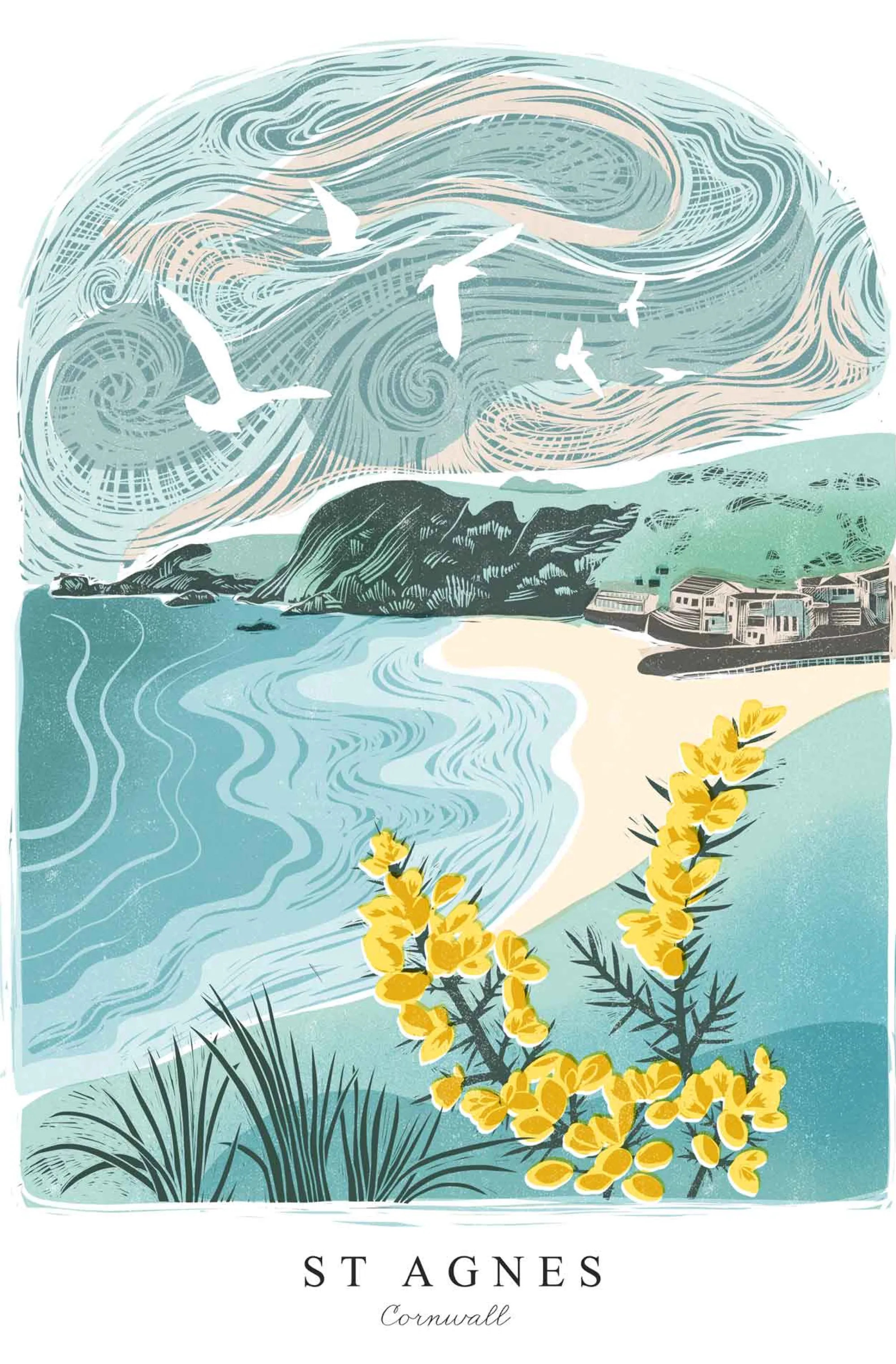 Cornwall|Lino*Whistlefish St Agnes Lino Small Framed Print