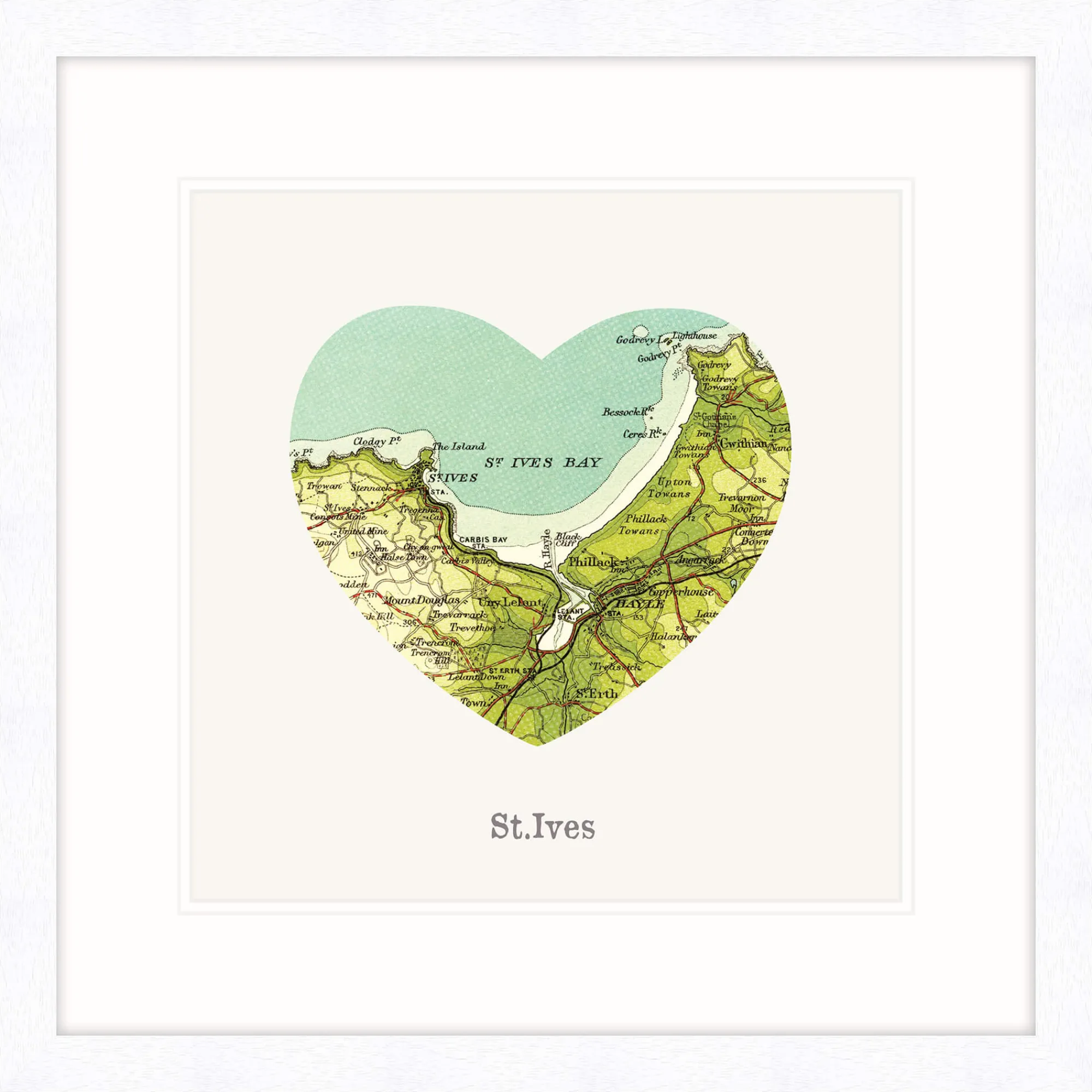 St Ives|Cornwall*Whistlefish St Ives Map Heart Small Framed Print