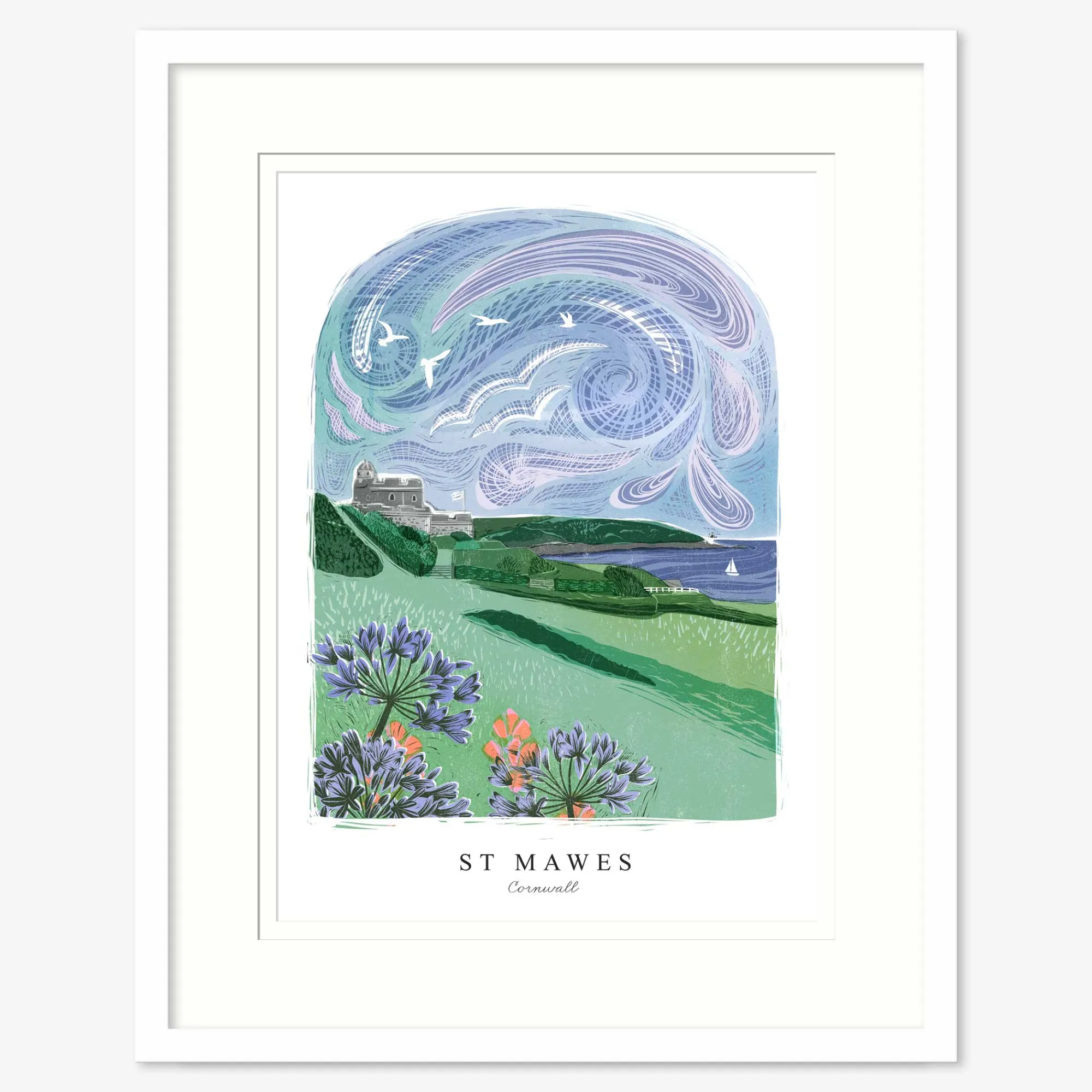 Cornwall|Travel*Whistlefish St Mawes Lino Large Framed Print