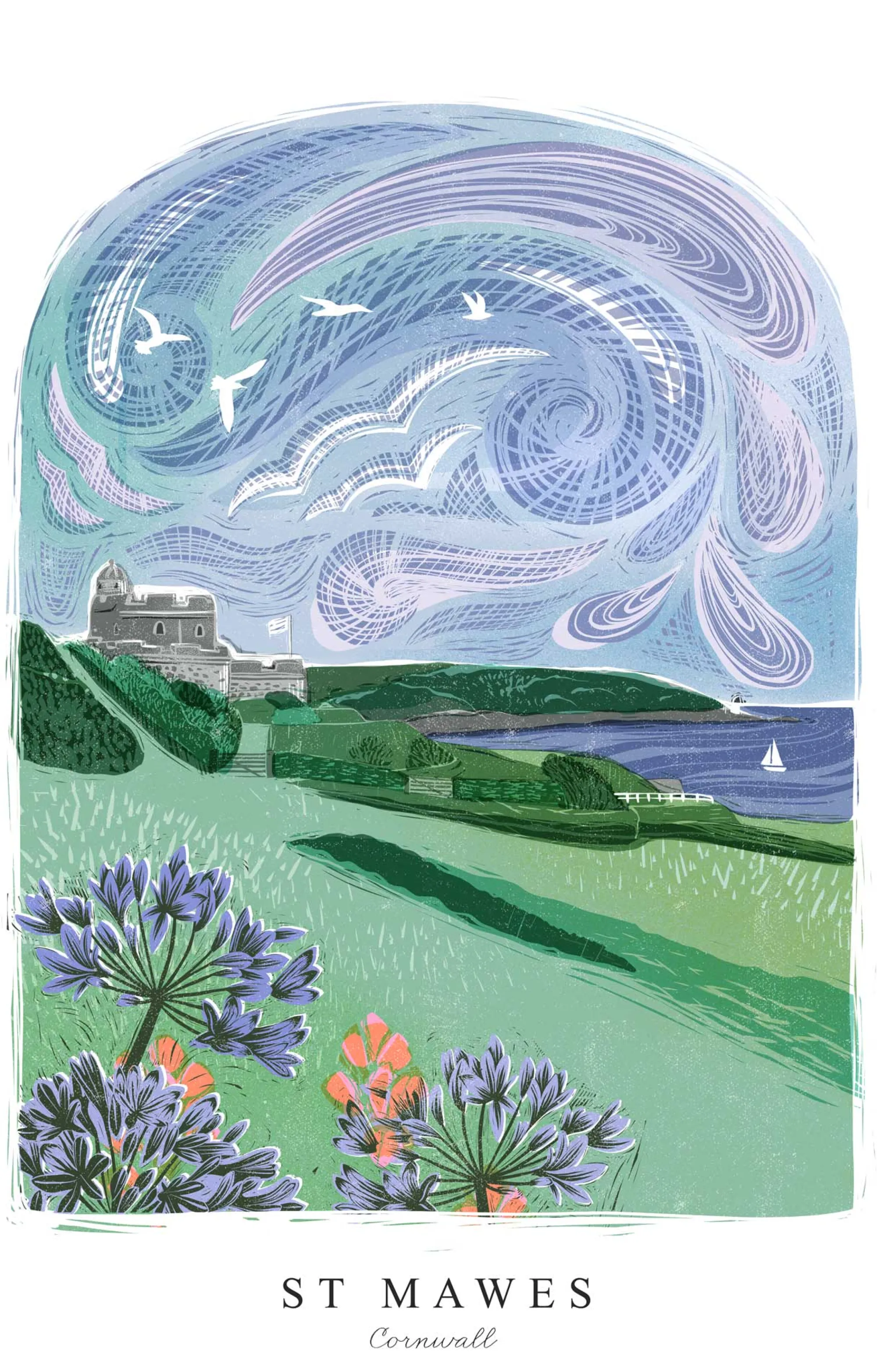 Cornwall|Lino*Whistlefish St Mawes Lino Small Framed Print