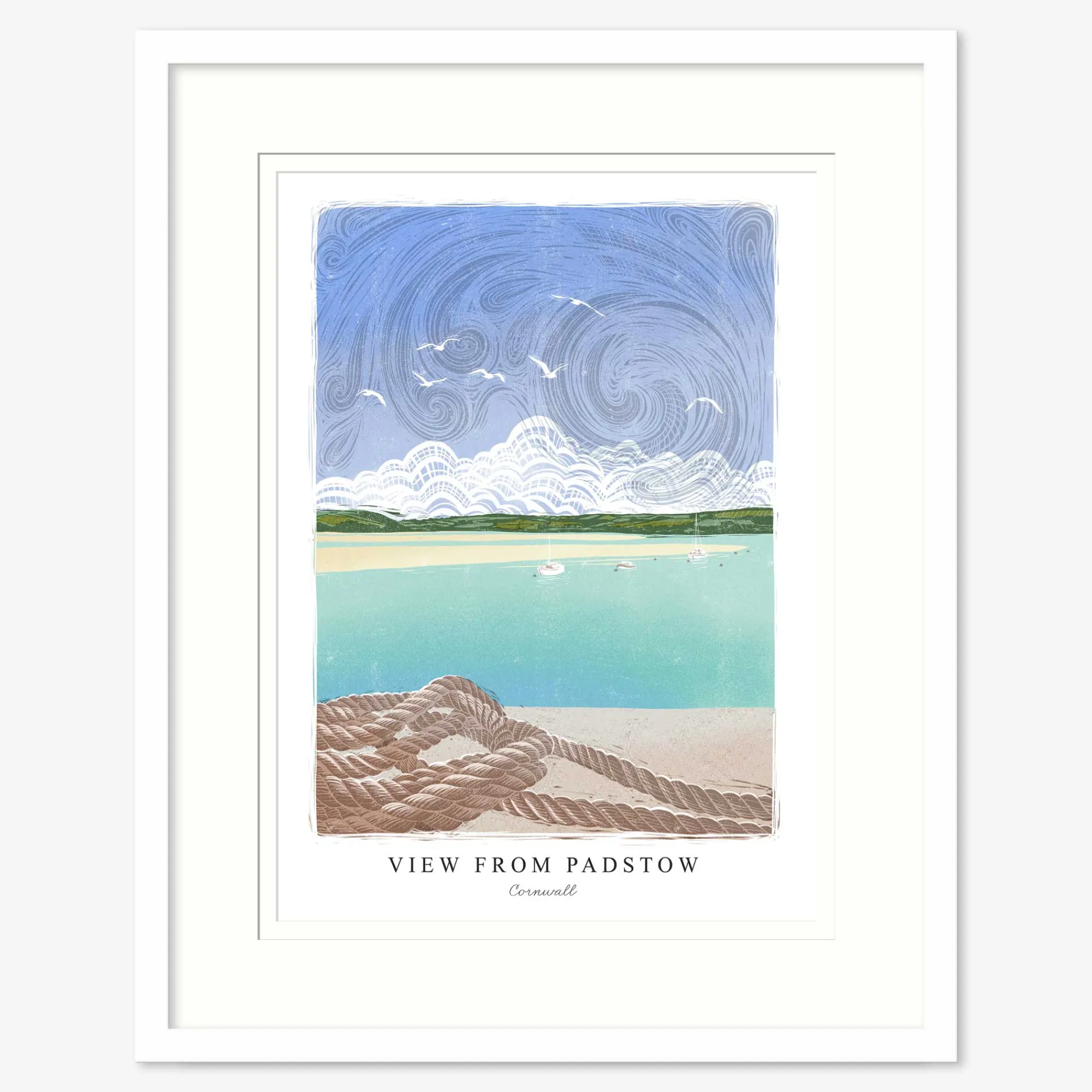 Padstow|Cornwall*Whistlefish View From Padstow Lino Small Framed Pr.