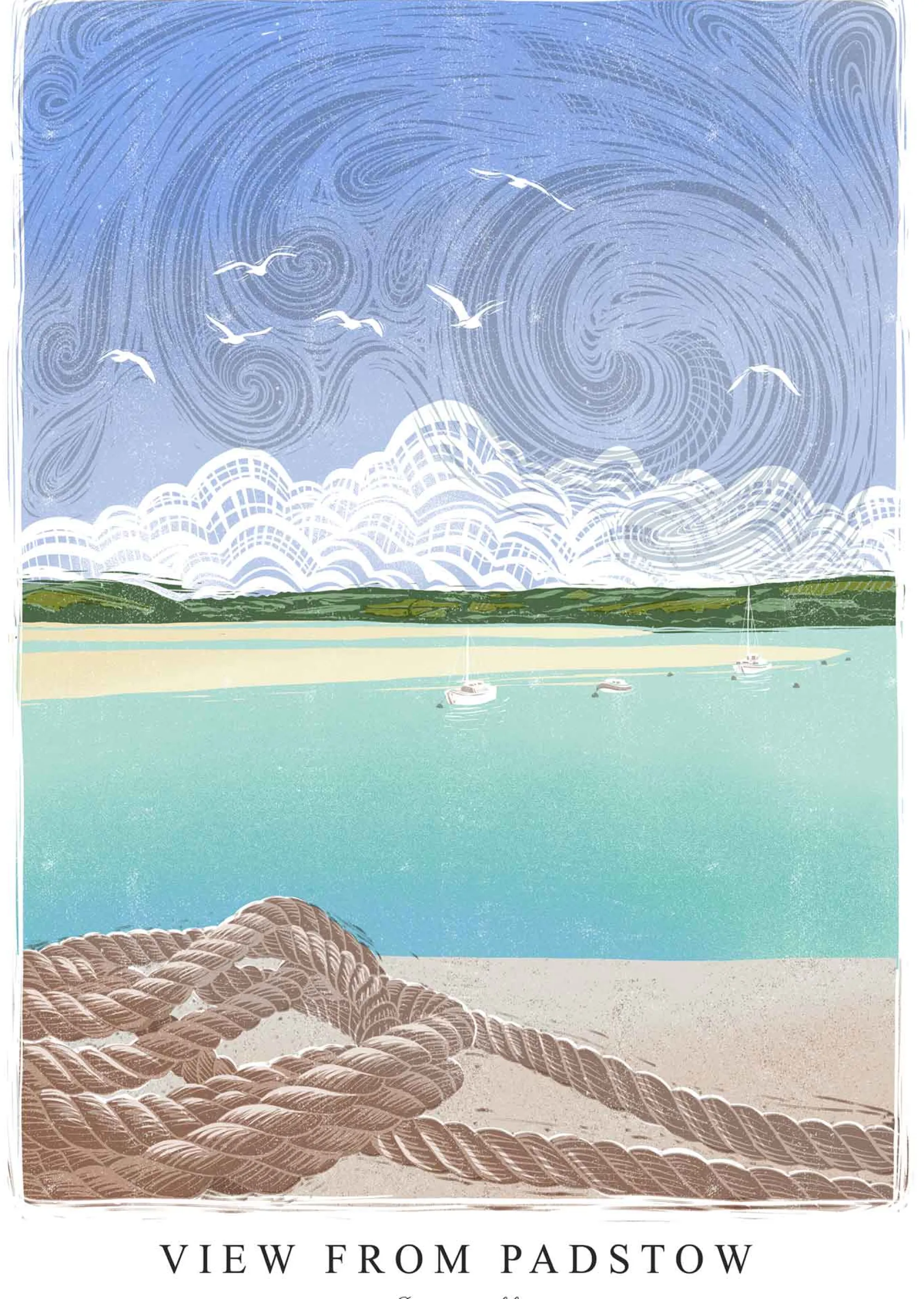 Padstow|Cornwall*Whistlefish View From Padstow Lino Small Framed Pr.