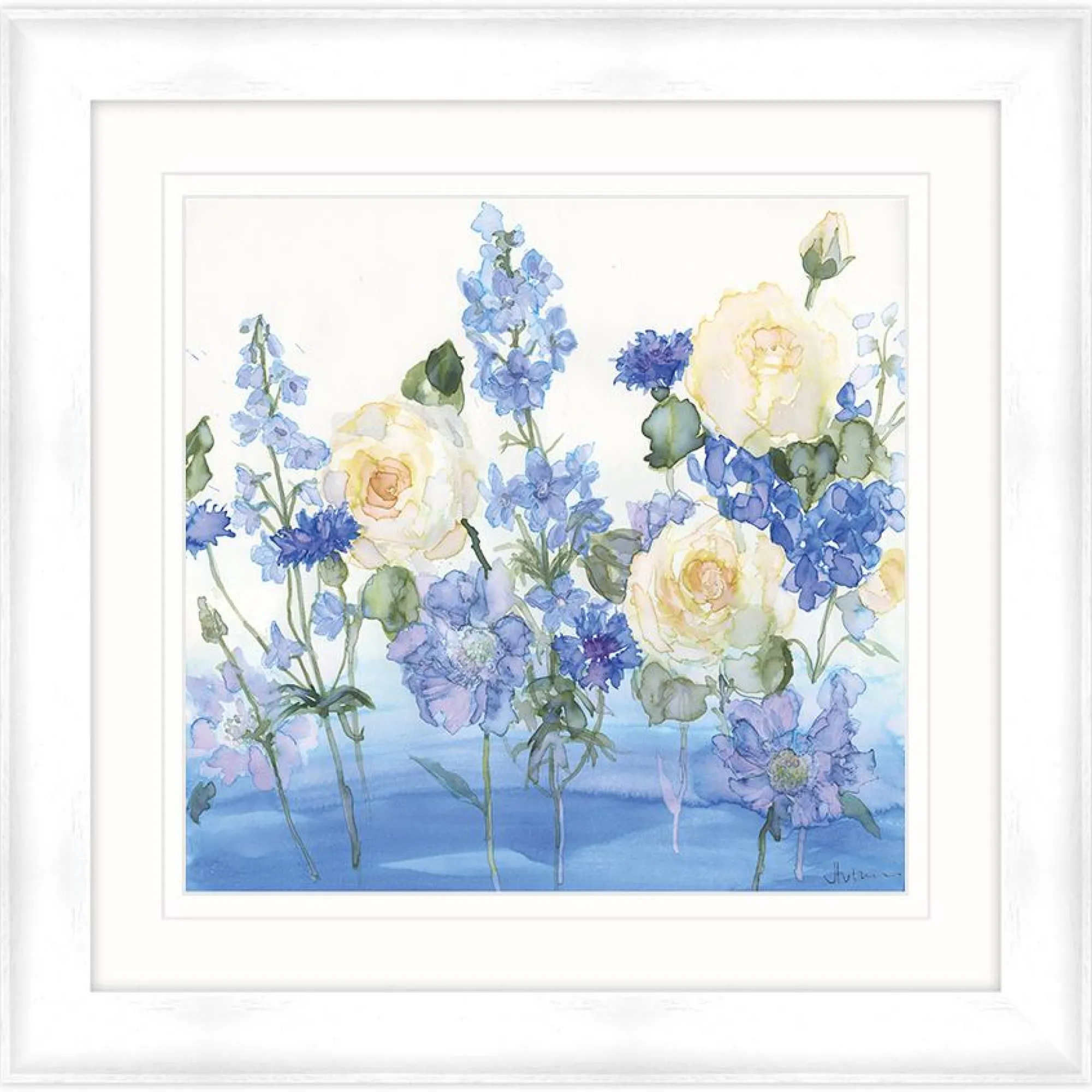 Framed Prints*Whistlefish Yellow Roses & Blue Poppies Framed Print
